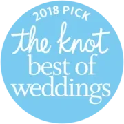 Blue circular badge with white text reading '2018 Pick the knot best of weddings'