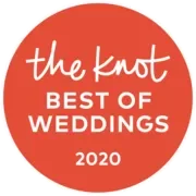 Red circular badge with white and red text that says 'the knot, BEST OF WEDDINGS 2020'.