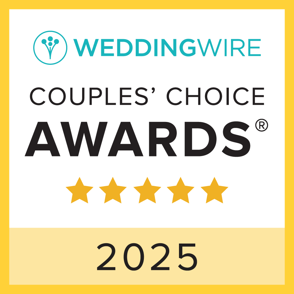 Certificate or award badge for WeddingWire Couples' Choice Awards 2025 with five gold stars.