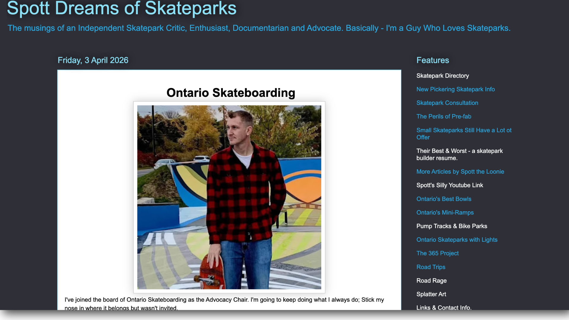 Spott Dreams of Skateparks screenshot of blog homepage from early April 2026.