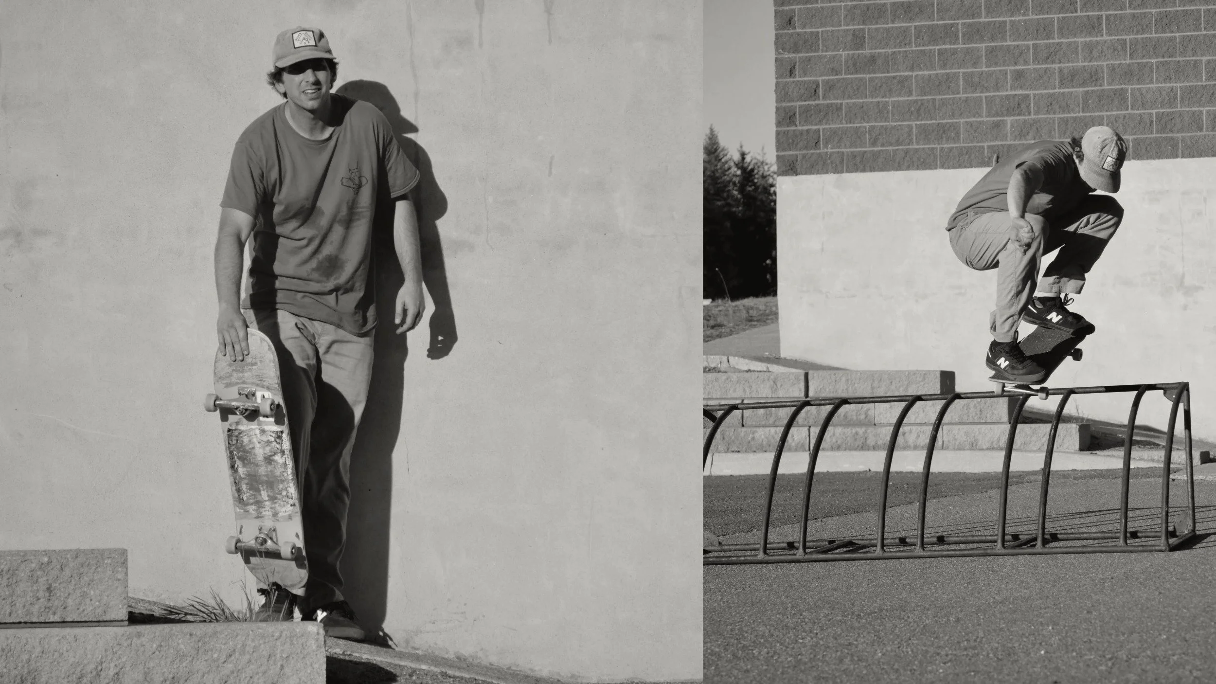 middle aged man skateboarding new balance shoes polar skate hat ollie over bike rack sudbury ontario canada