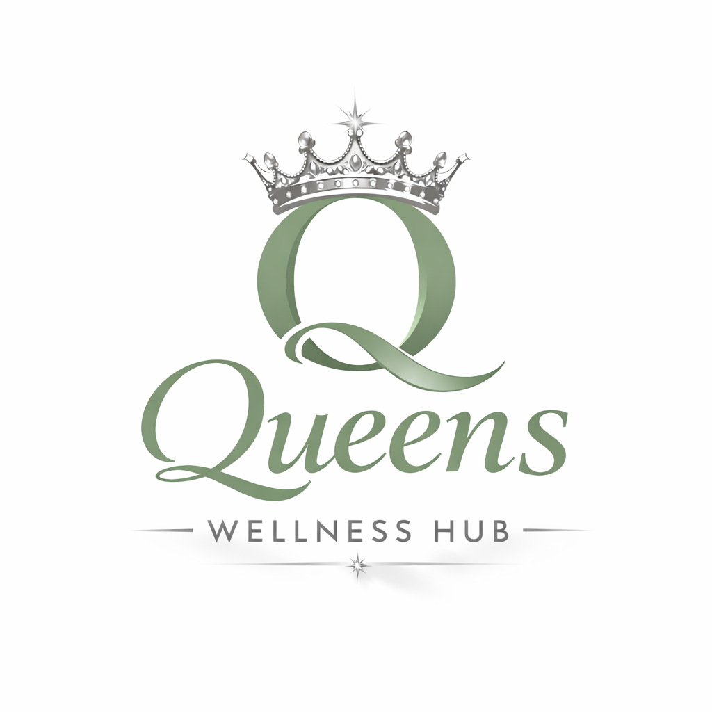 Logo for Queens Wellness Hub featuring a silver crown above a large green letter Q and the words "Queens" and "Wellness Hub" below.