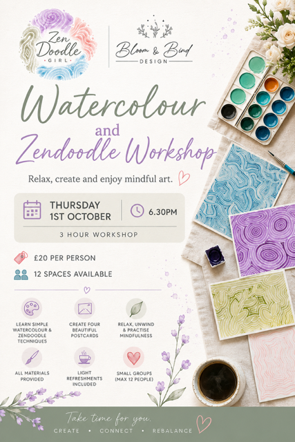 Escape the everyday and discover the calming joy of mindful painting in this beginner-friendly watercolour and zendoodle workshop