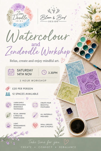 Escape the everyday and discover the calming joy of mindful painting in this beginner-friendly watercolour and zendoodle workshop