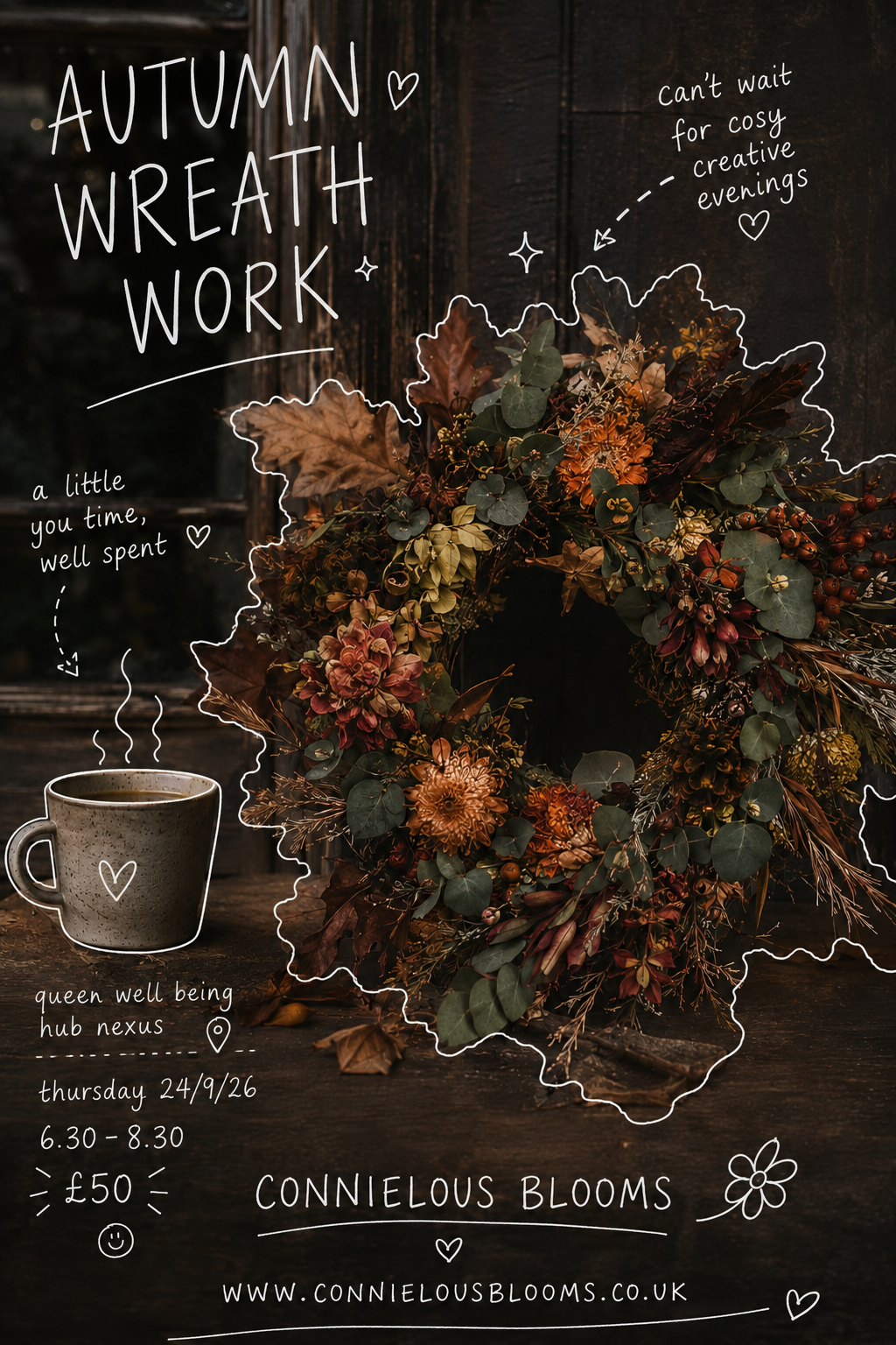 Make a beautiful Autumn Wreath in this workshop, all materials provided. 