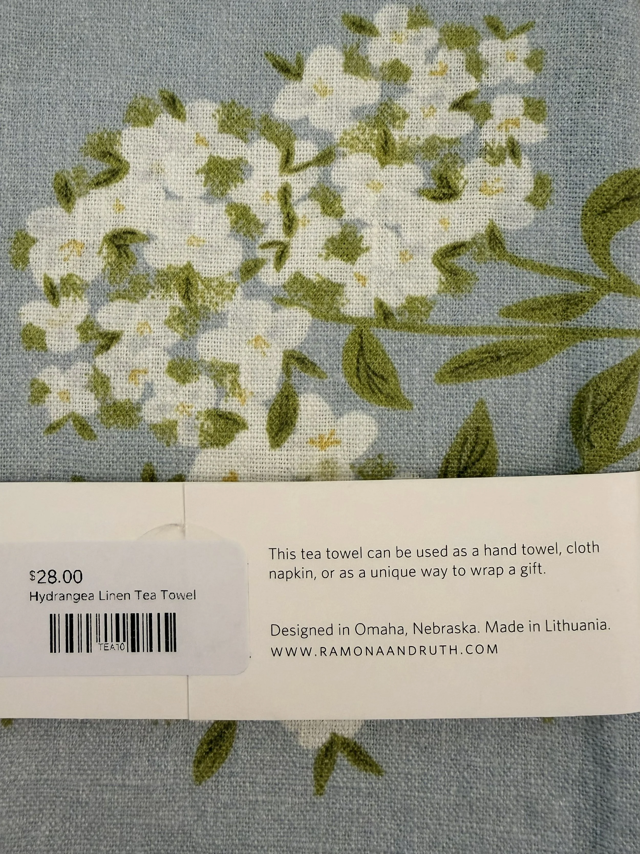 Back of Ramona & Ruth's Hydrangea Linen Tea Towel