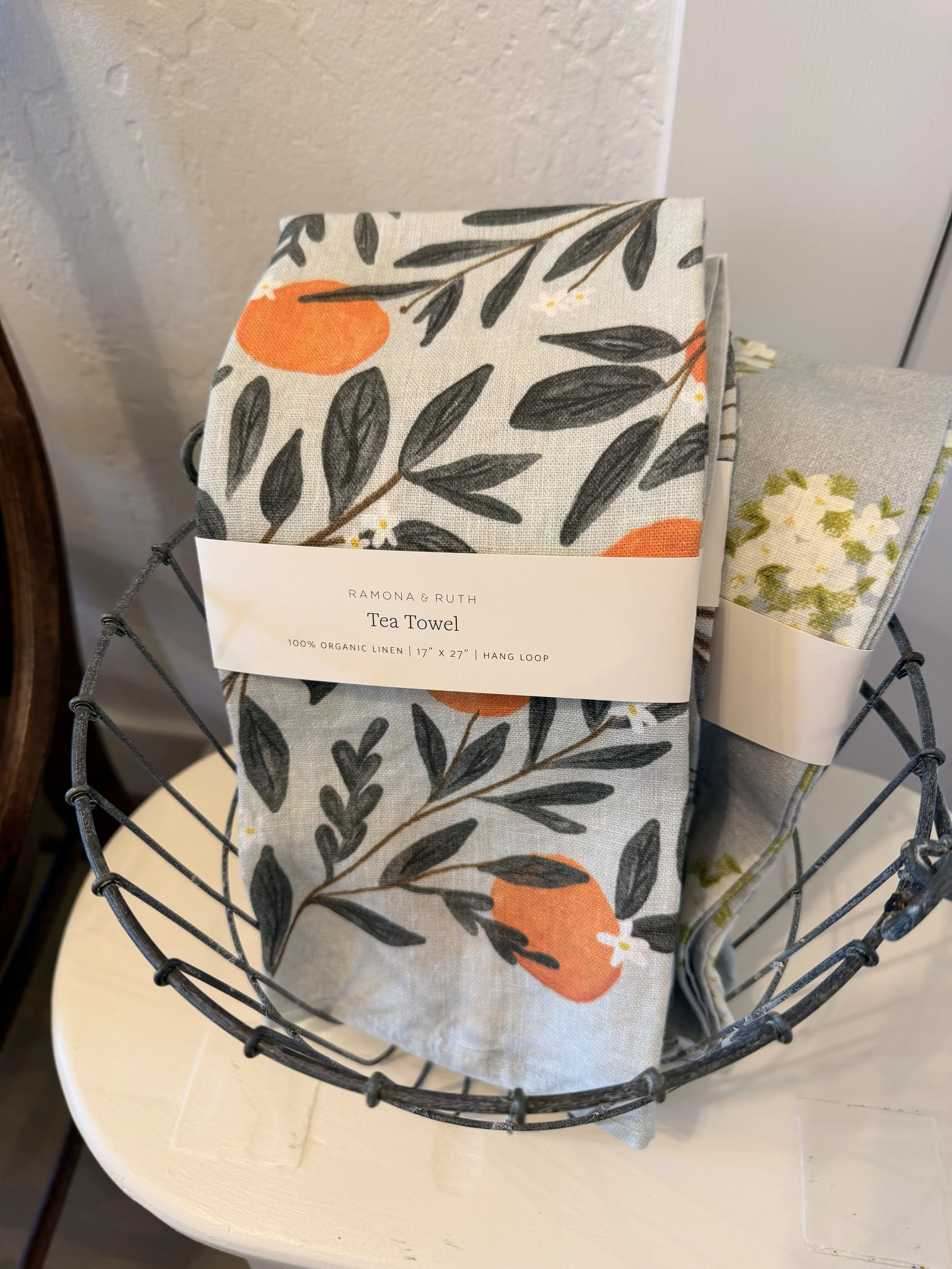 Oranges Linen Tea Towel in Wire Basket Display.jpg