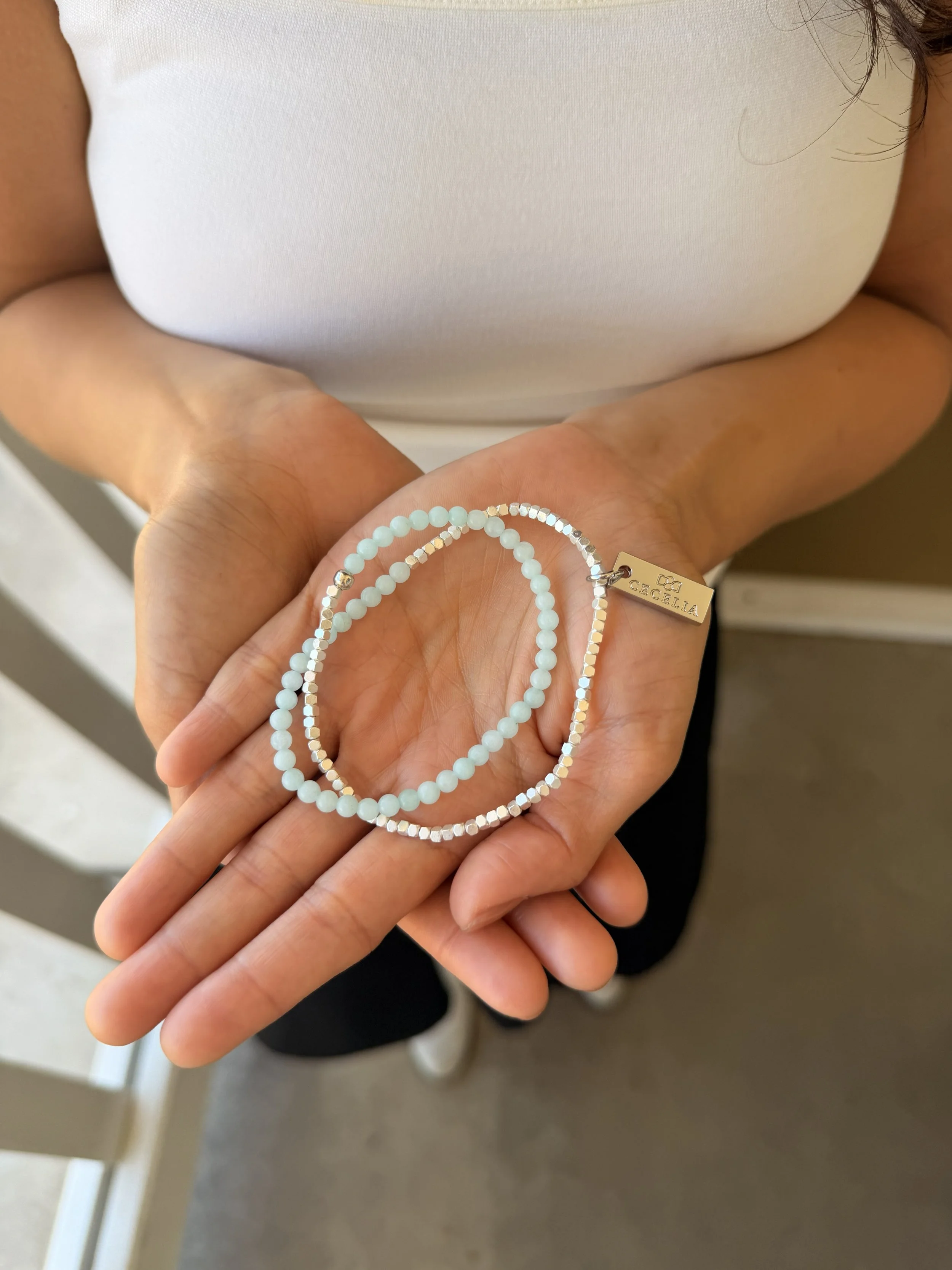 Jade Double Wrap Bracelet by Cecelia Designs Jewelry in model's hands