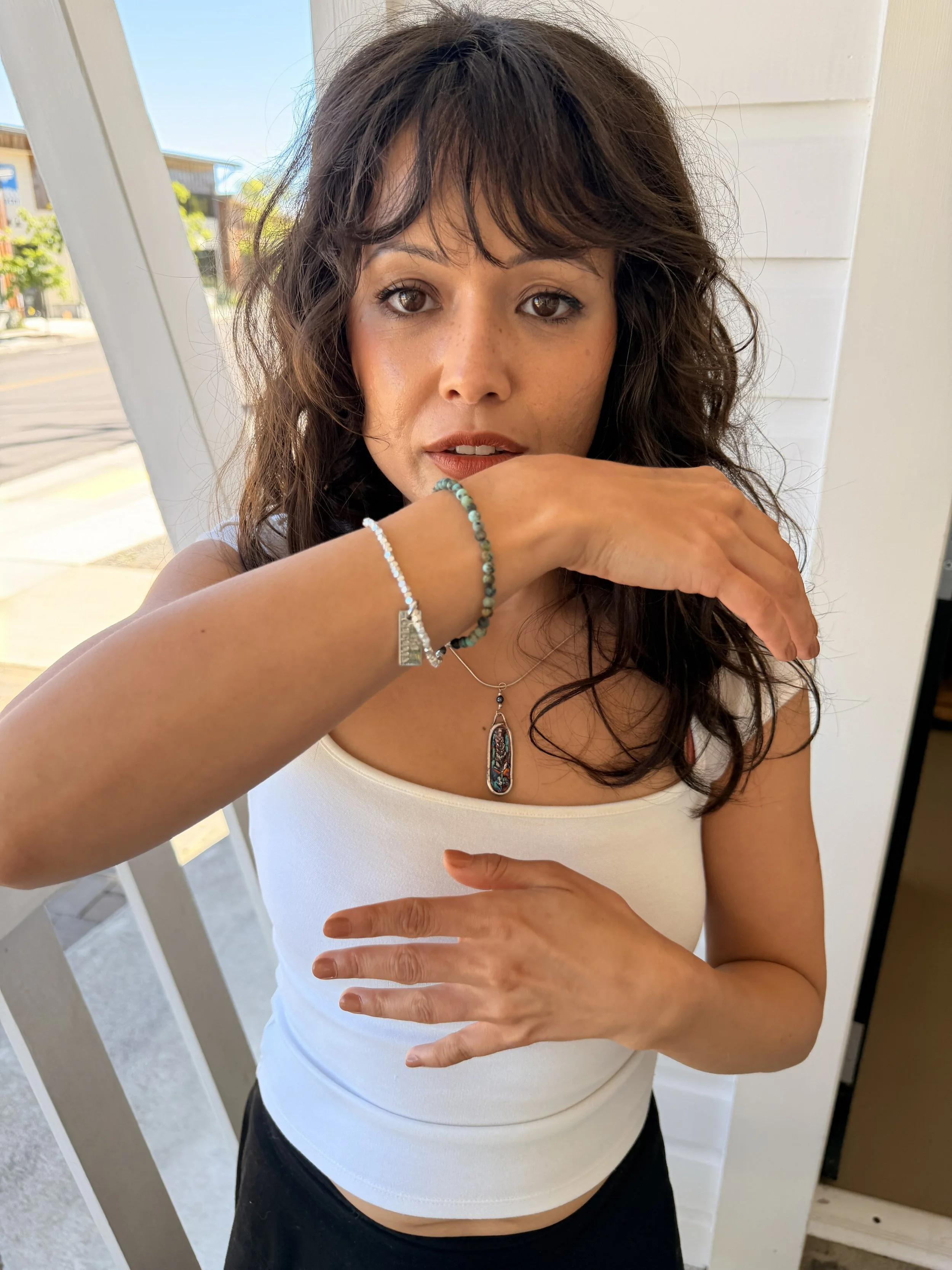 African Turquoise Gemstone Double Wrap Cecelia Designs Jewelry Bracelet on model's wrist
