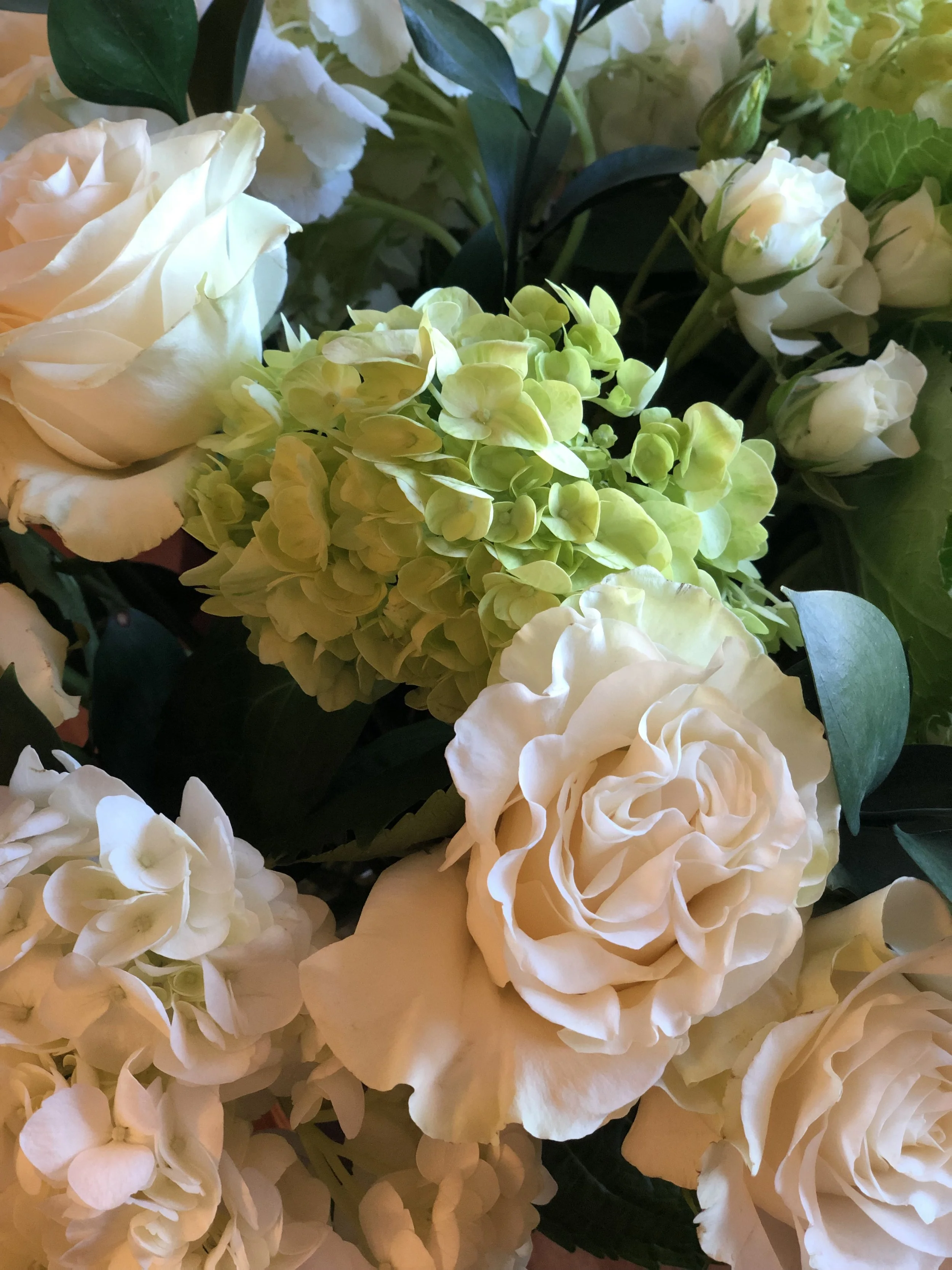 White roses and hydrangea from a weekend workshop that I took at Flower School New York. (Floral design and photo credit: Melissa Mitchell-Hooge)