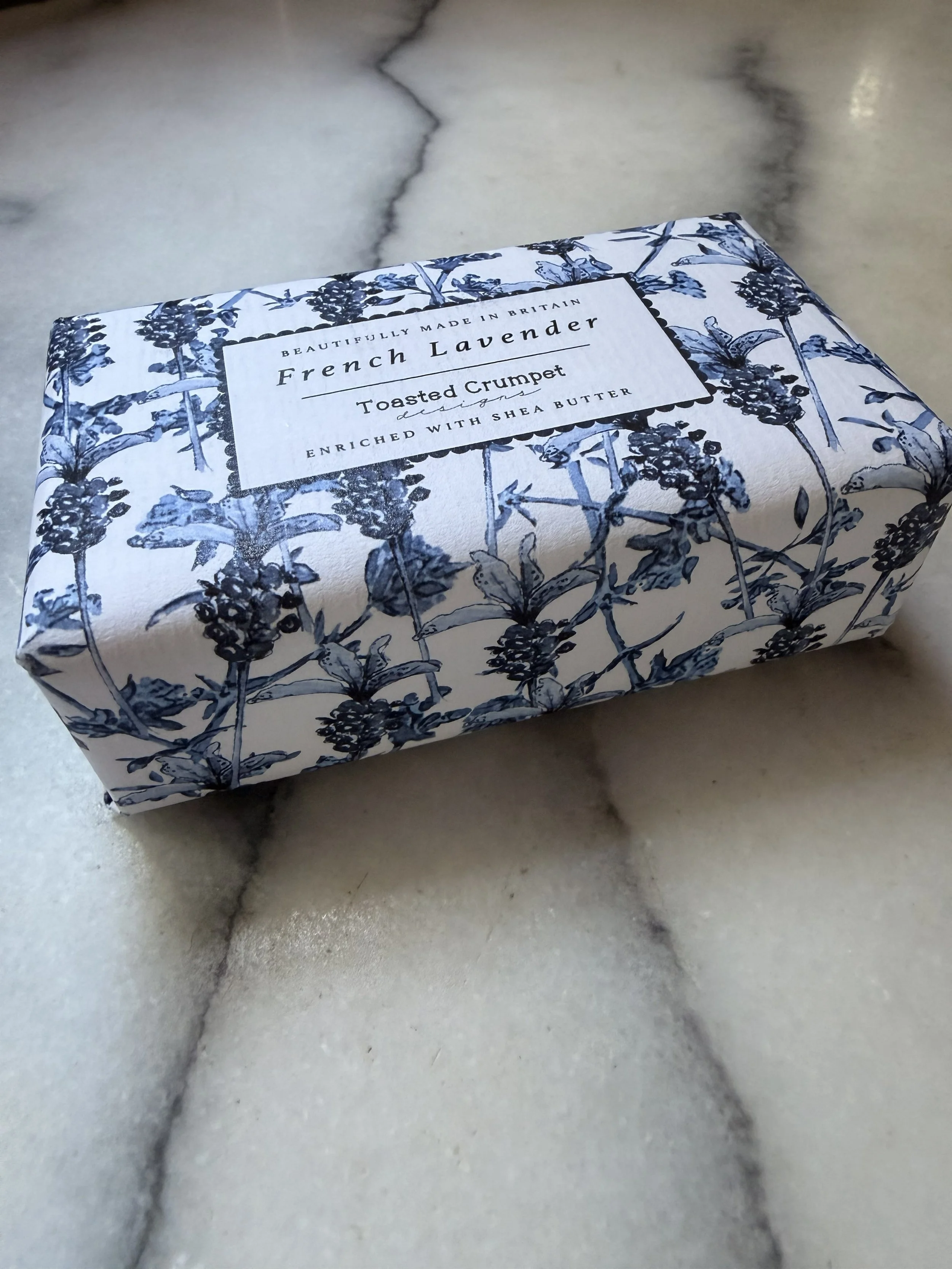 Side view of Toasted Crumpet's French Lavender Soap on marble