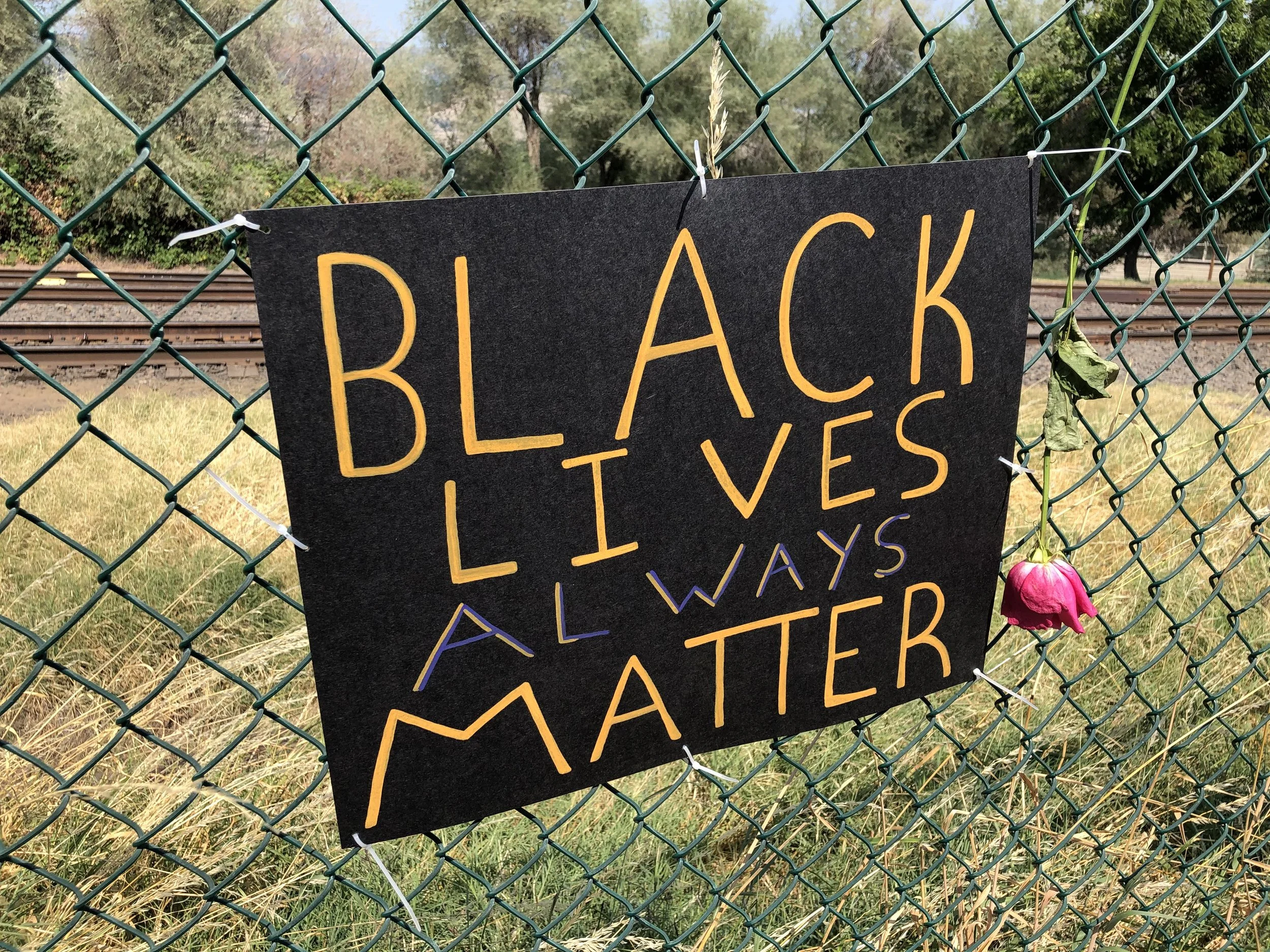 Black Lives Always Matter sign on fence with red rose. (Photo credit: Melissa Mitchell-Hooge)
