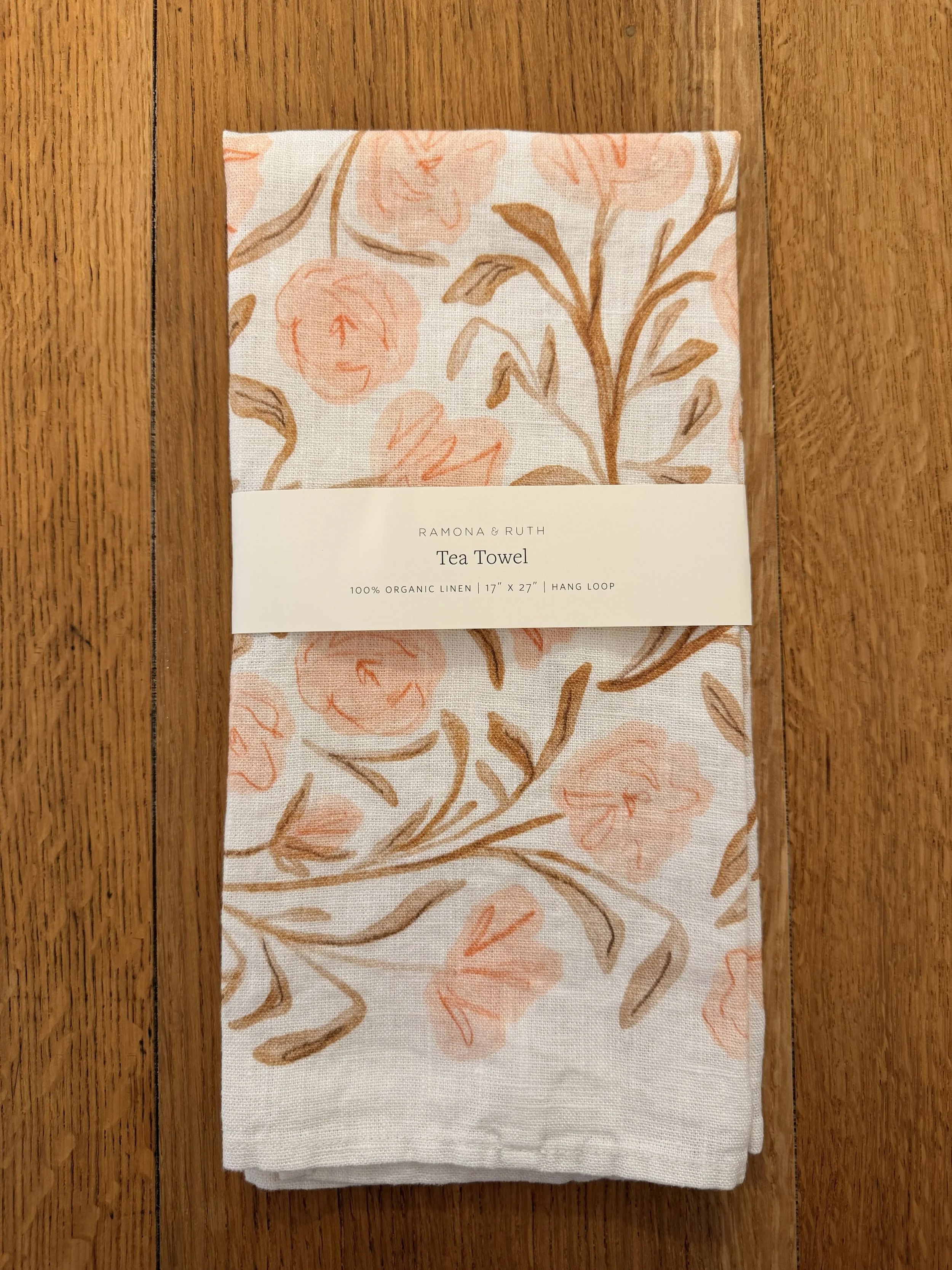 Pink Floral Linen Tea Towel