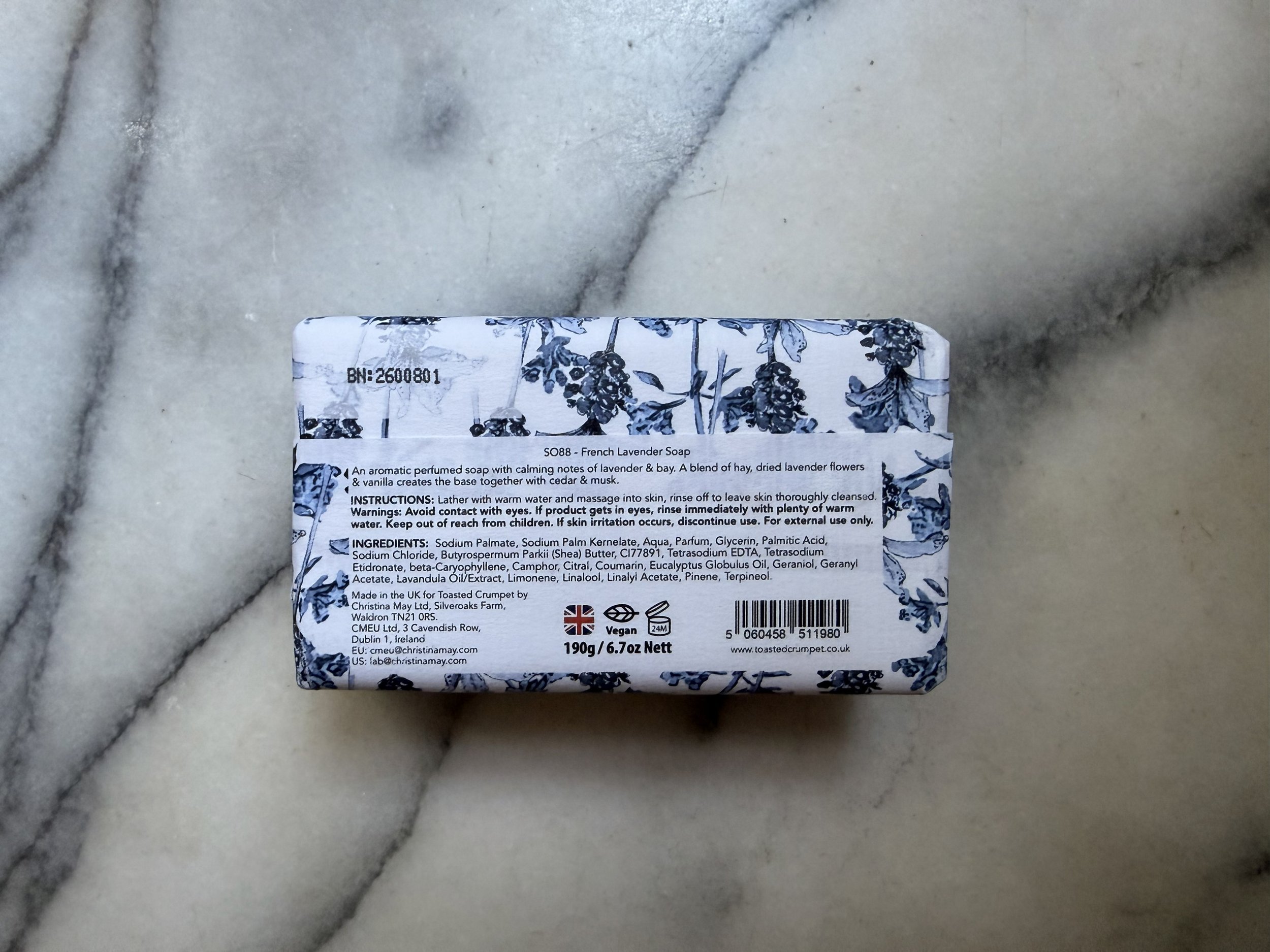 Back of Toasted Crumpet's French Lavender Soap on marble