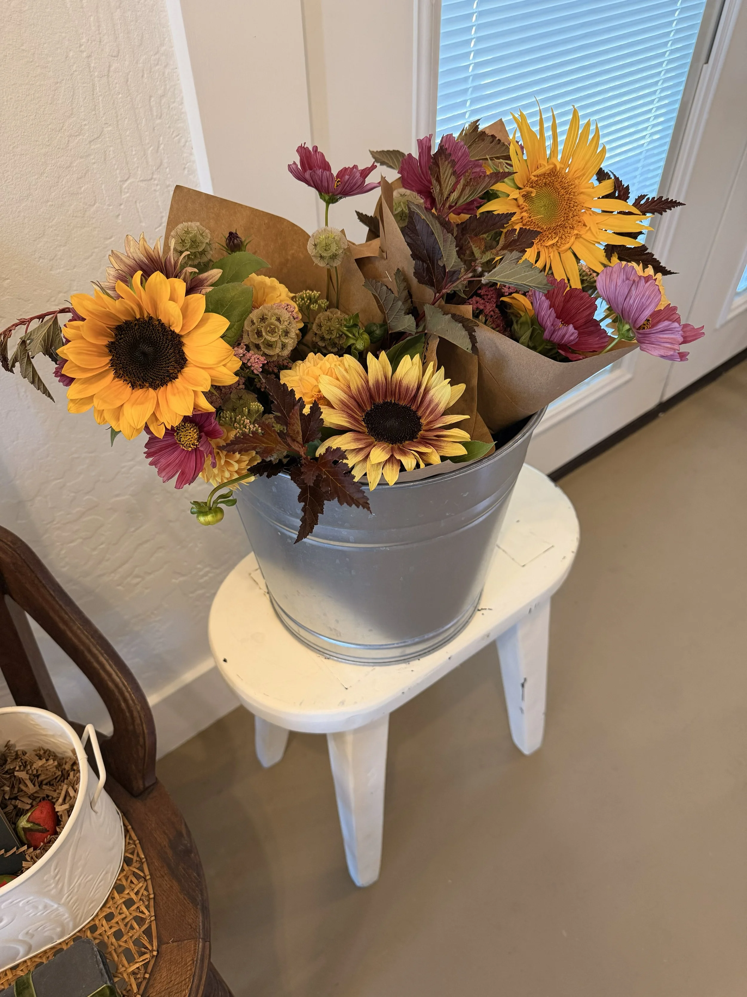 A variety of sunny sunflowers in mixed bouquets by local grower, Stacey Denton, of Flora Farm & Design Studio, at Bloomie's Boutique. (Photo credit: Melissa Mitchell-Hooge)