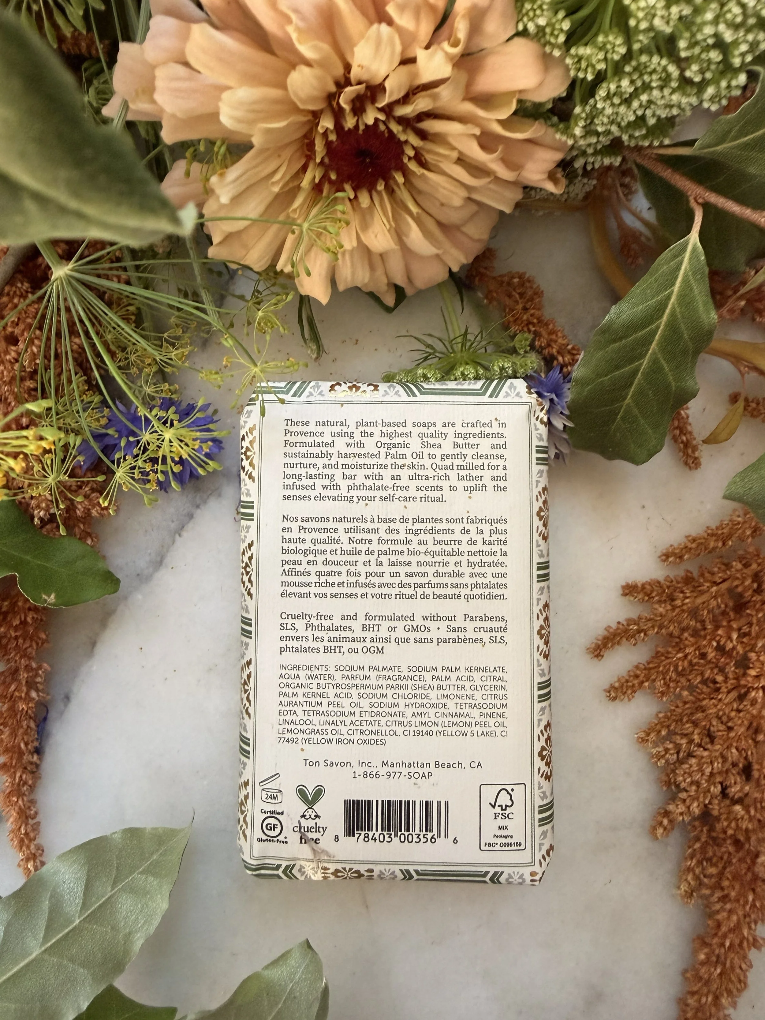 Back of Terre á Terre Verbena Soap with flowers