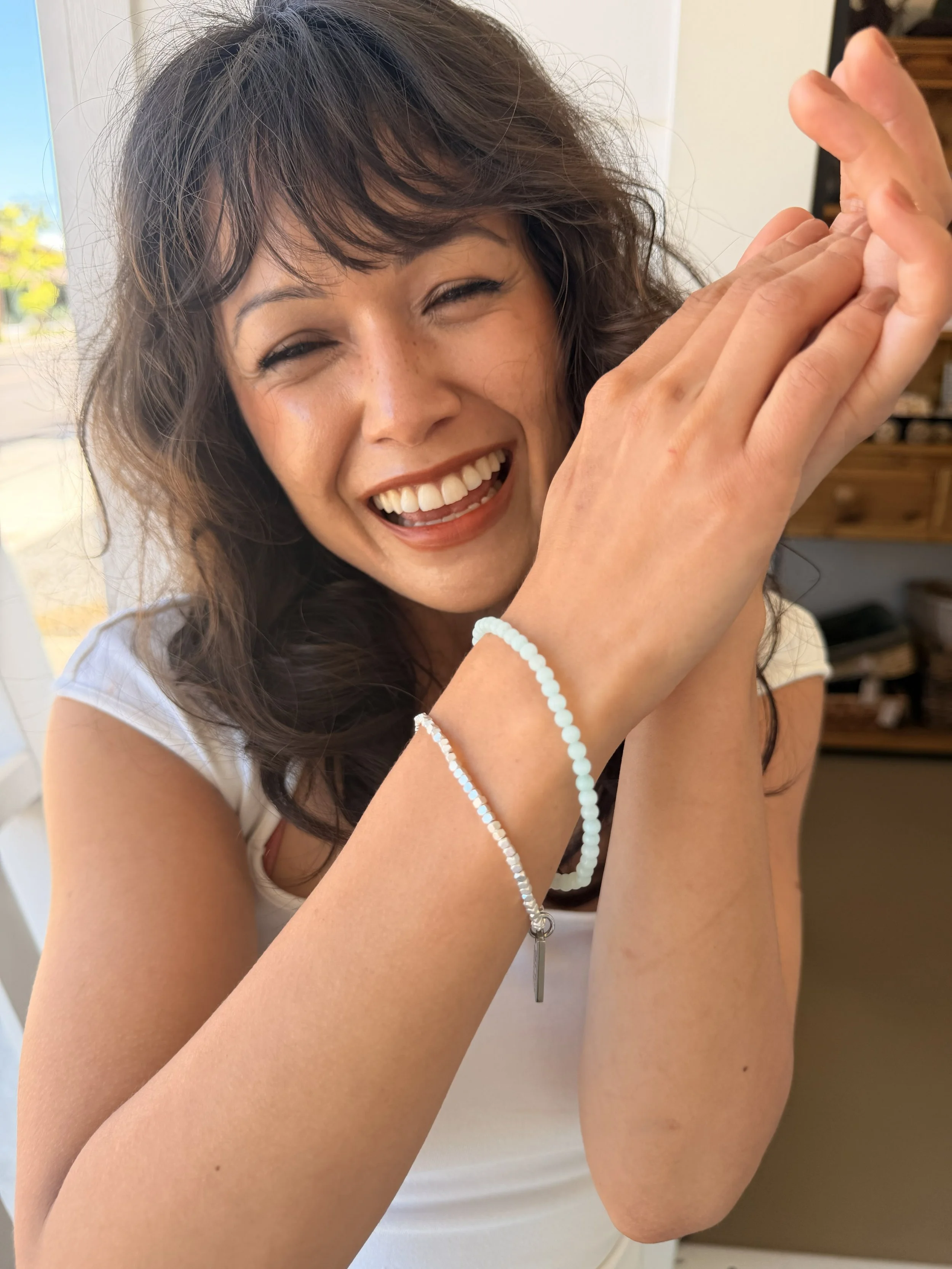 Jade Double Wrap Bracelet by Cecelia Designs Jewelry on model's wrist