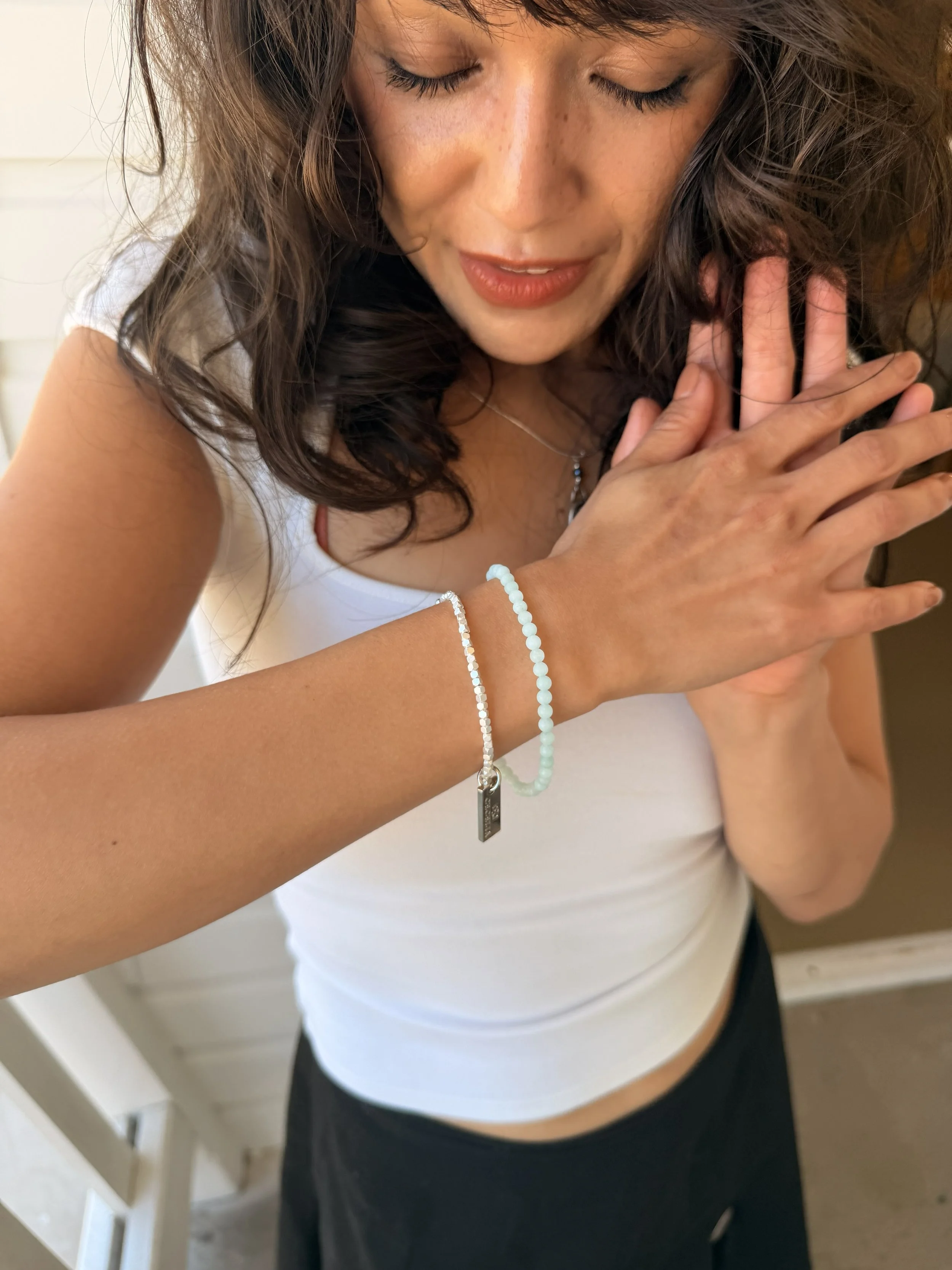 Jade Double Wrap Bracelet by Cecelia Designs Jewelry on model's wrist