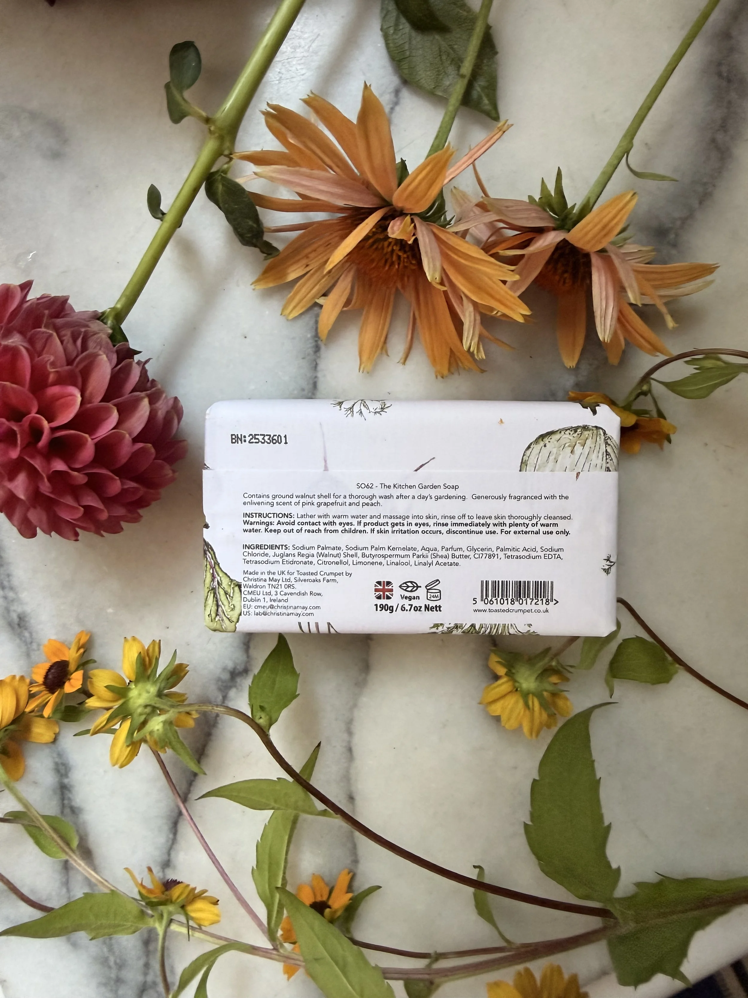 Back of Toasted Crumpet Kitchen Gardener's Soap with flowers