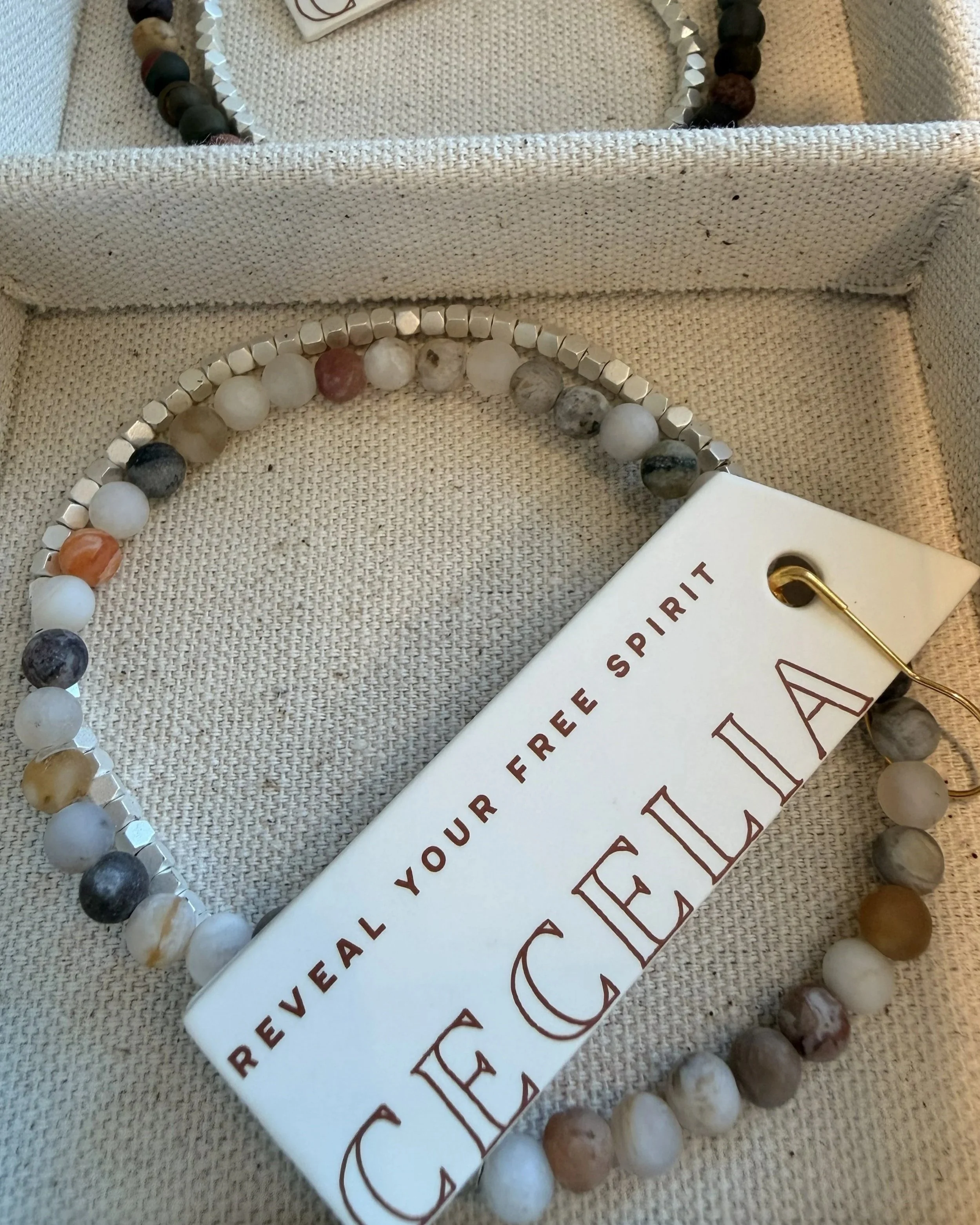 Bamboo Agate Gemstone Double Wrap Bracelet by Cecelia Designs Jewelry in display case