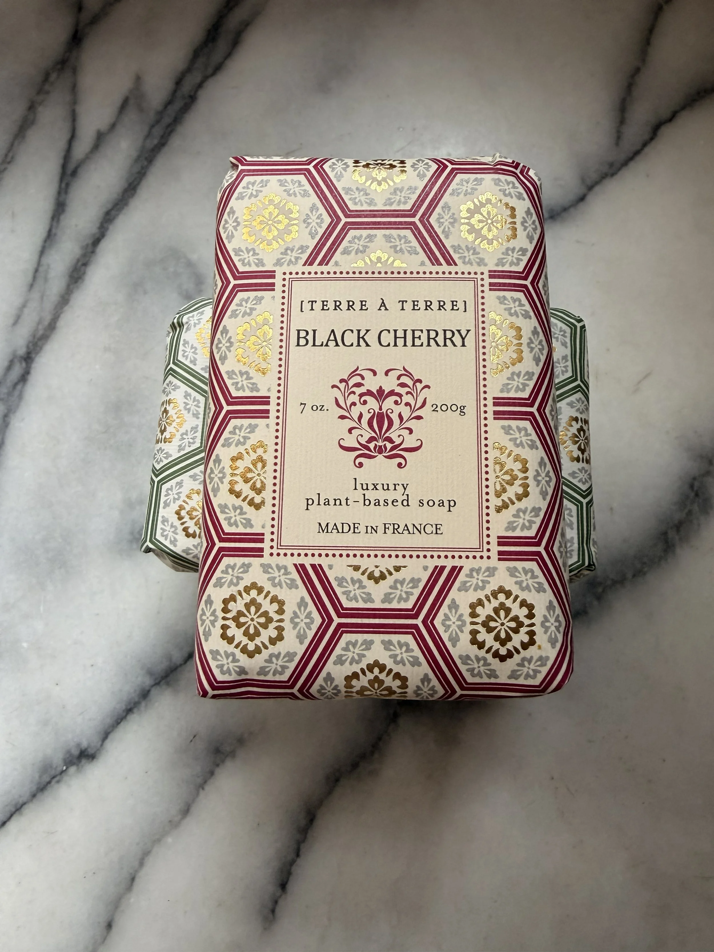 Front of Terre à Terre Black Cherry Soap on marble