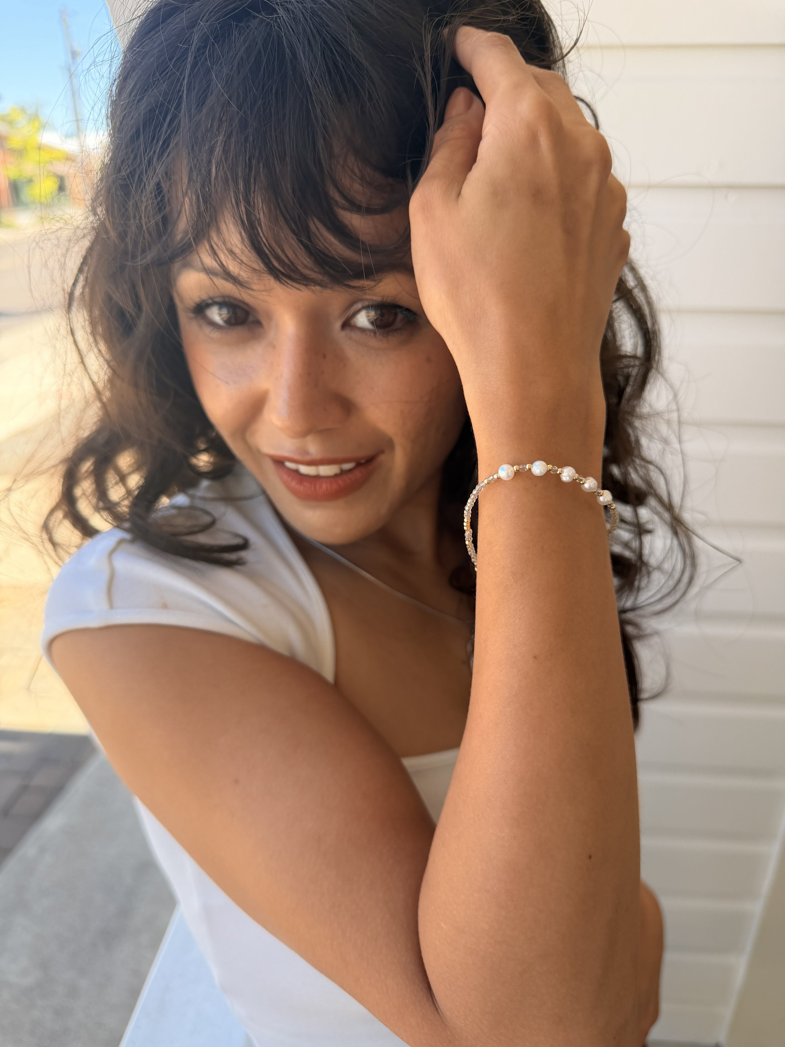 Model wearing Golden Sands Bracelet by Katie Waltman Jewelry available at Bloomie's Boutique