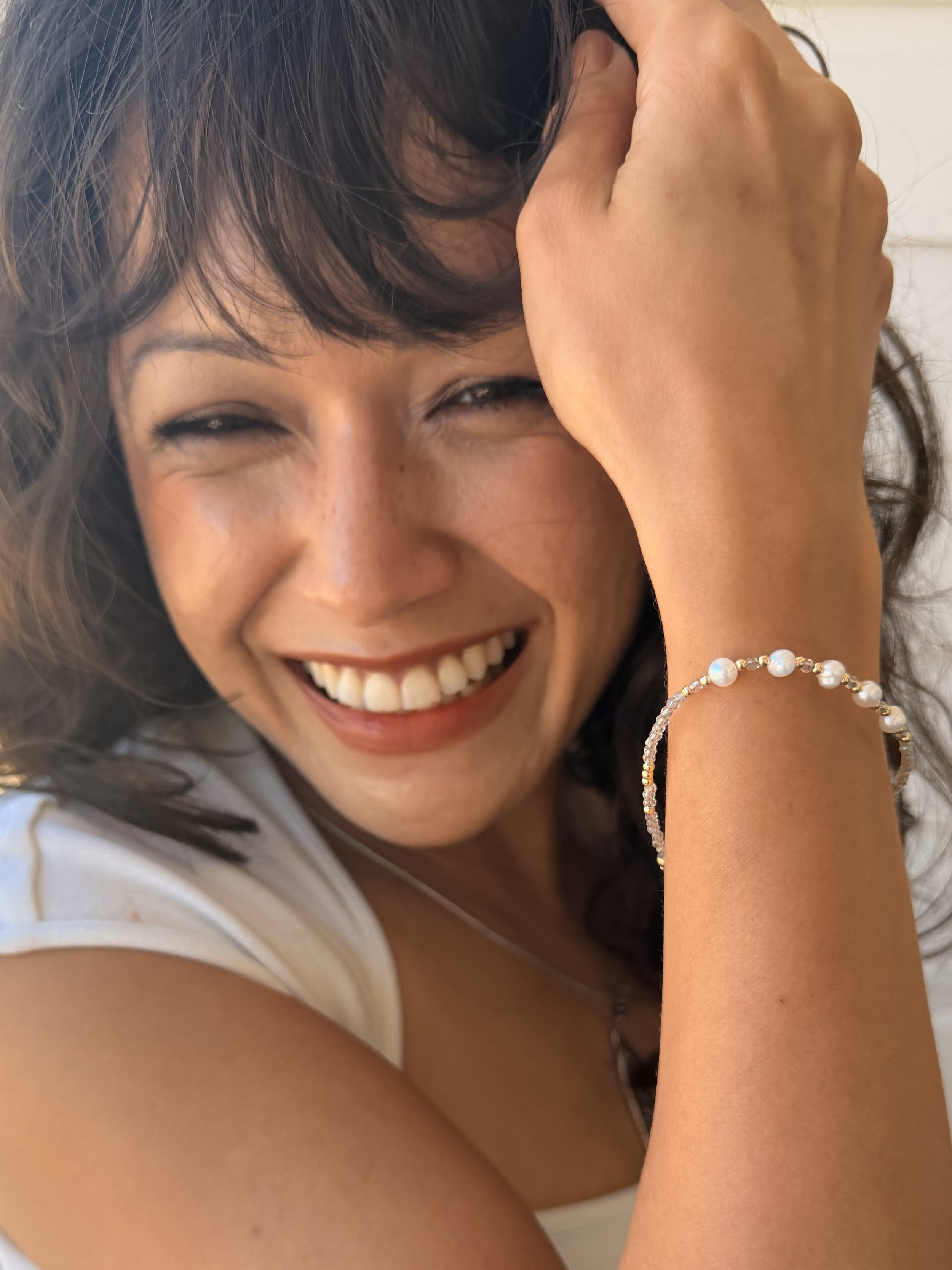 Model wearing Golden Sands Bracelet by Katie Waltman Jewelry available at Bloomie's Boutique