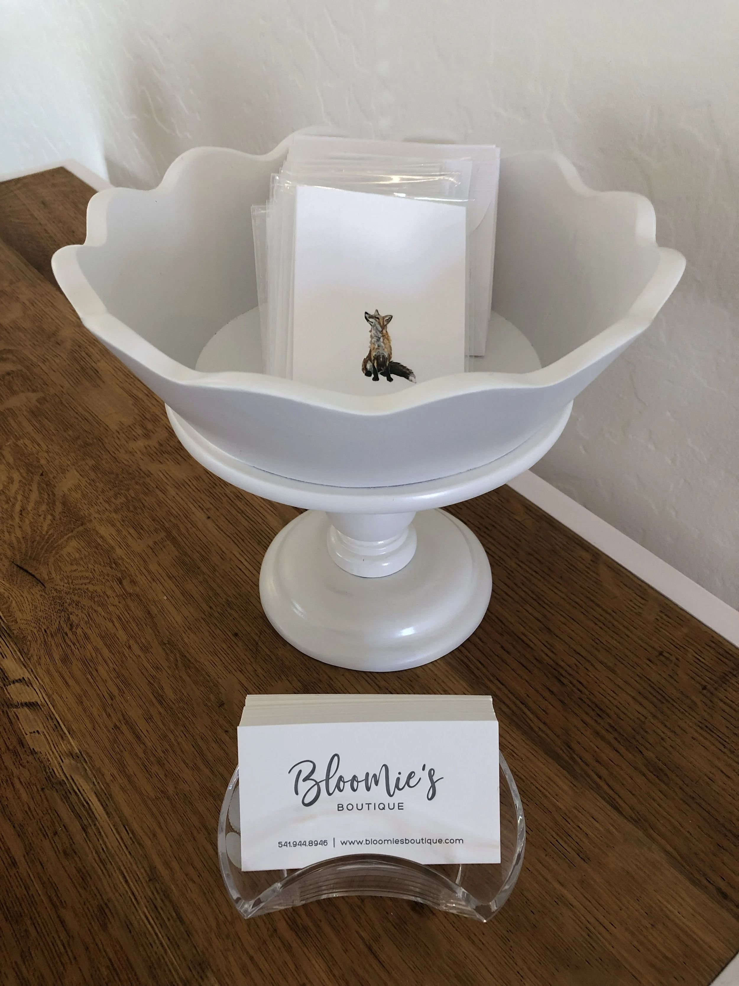 Mini cards by Paintings for Hummingbirds in scalloped display with Bloomie's Boutique business cards. (Photo credit: Melissa Mitchell-Hooge)