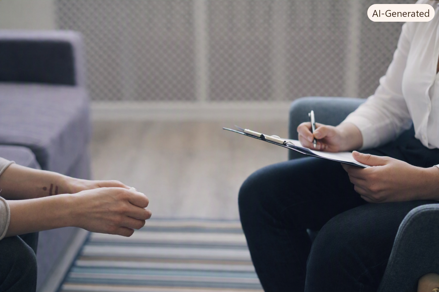 Therapist taking notes during a counseling session with a client sitting across from them, both seated in a waiting room or office setting.