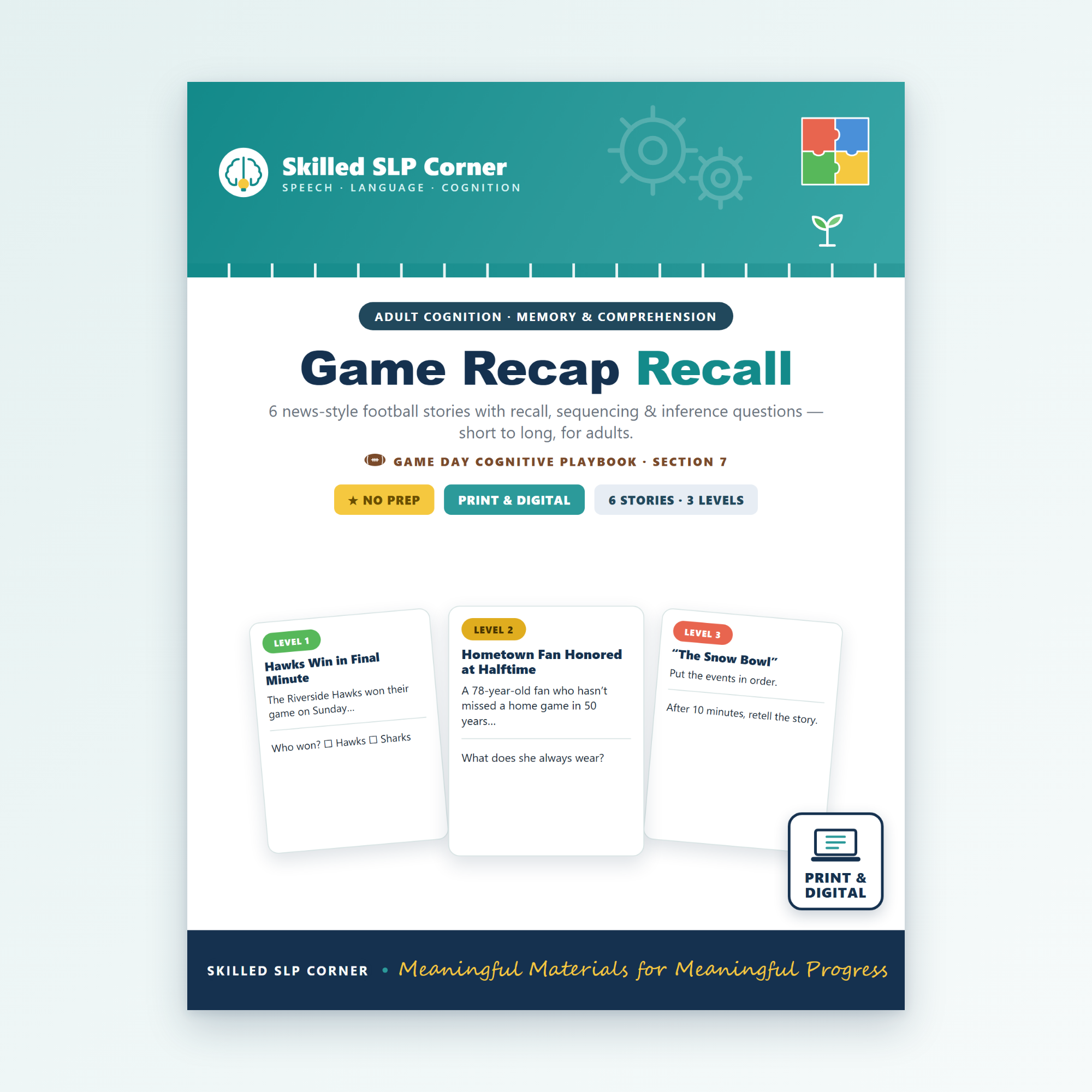 Game Recap Recall – Adult Cognition: Memory, Sequencing & Comprehension (Football-Themed Stories)