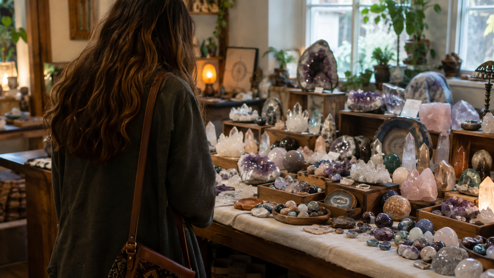 vrouw staat in een winkel vol edelstenen