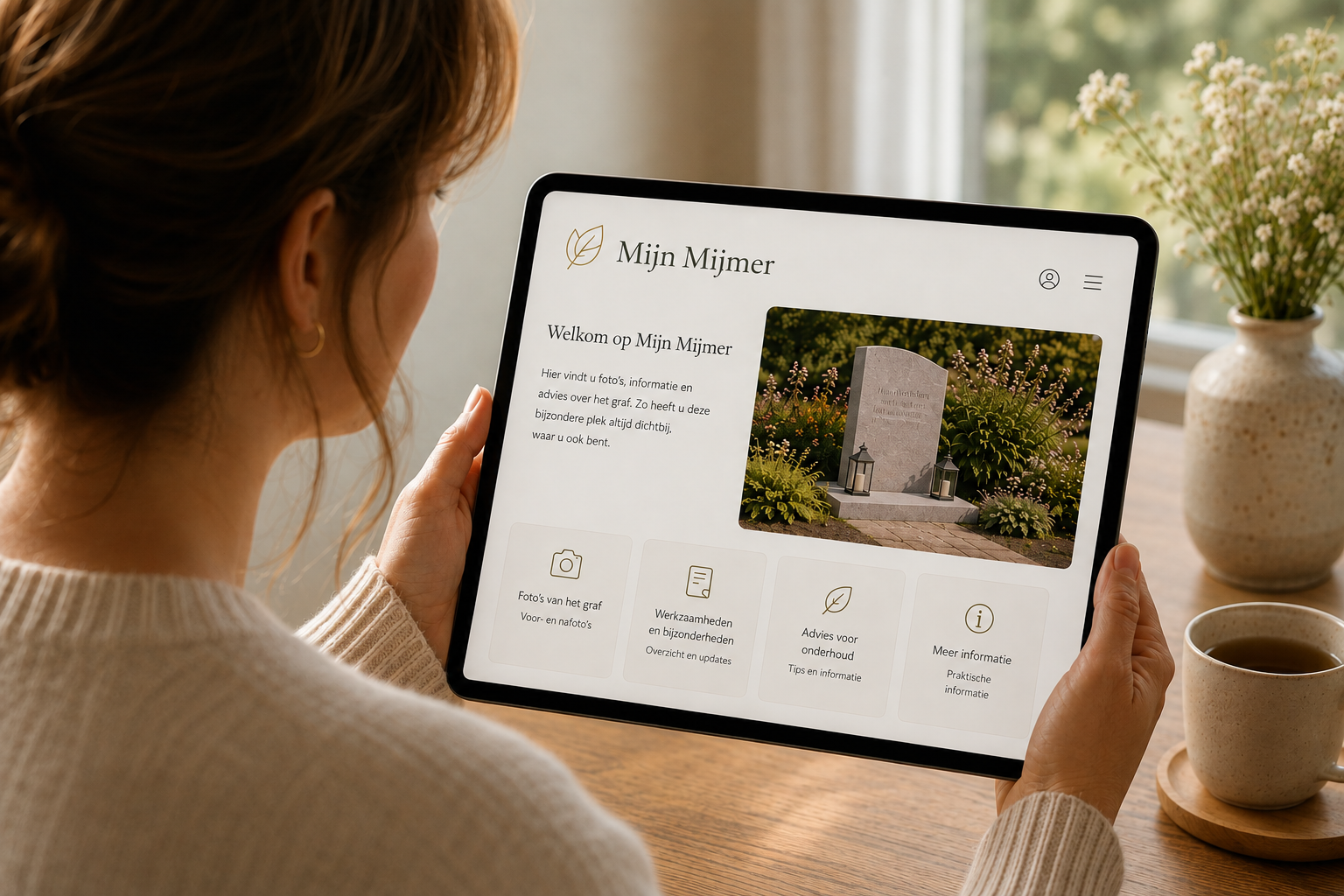 Een vrouw houdt een tablet vast met daarop haar persoonlijk Mijn Mijmer-pagina. Op tafel staat een kop koffie en een bos bloemen.