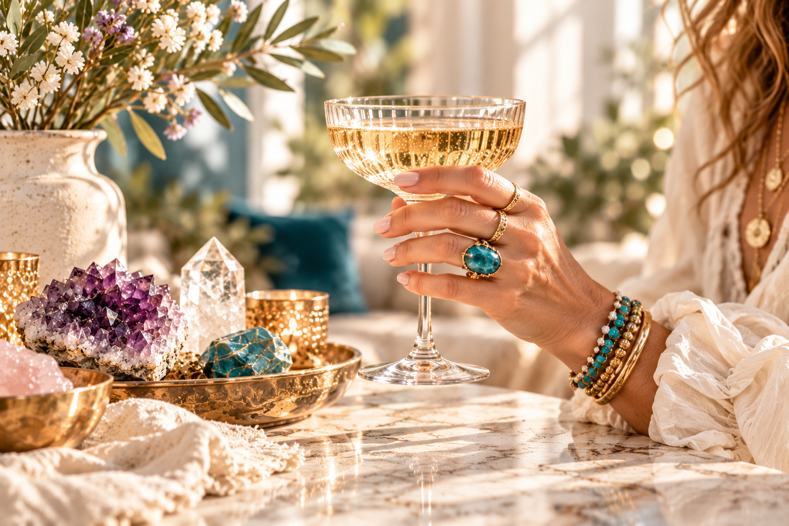 edelstenen en een vrouw met een champagnecoupe in mooi daglicht