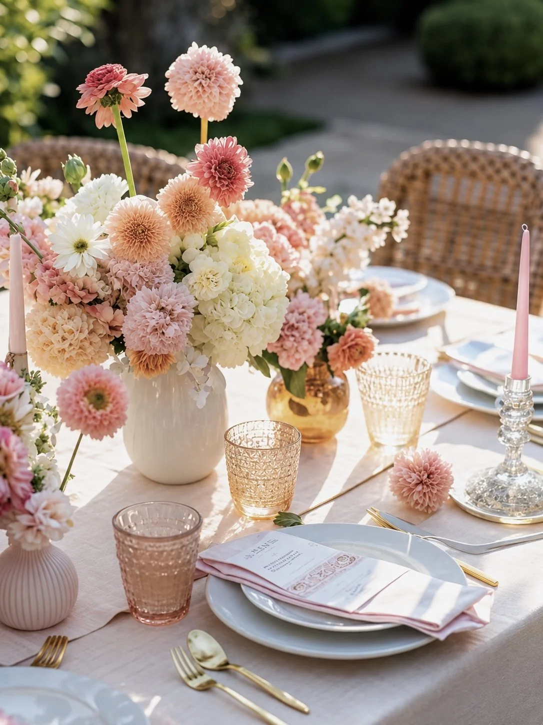 A beautifully set outdoor dining table decorated with a large bouquet of pink and white flowers in a white vase, pink candles, pink tinted glassware, white plates with pink napkins, and gold utensils, capturing a festive and elegant atmosphere.