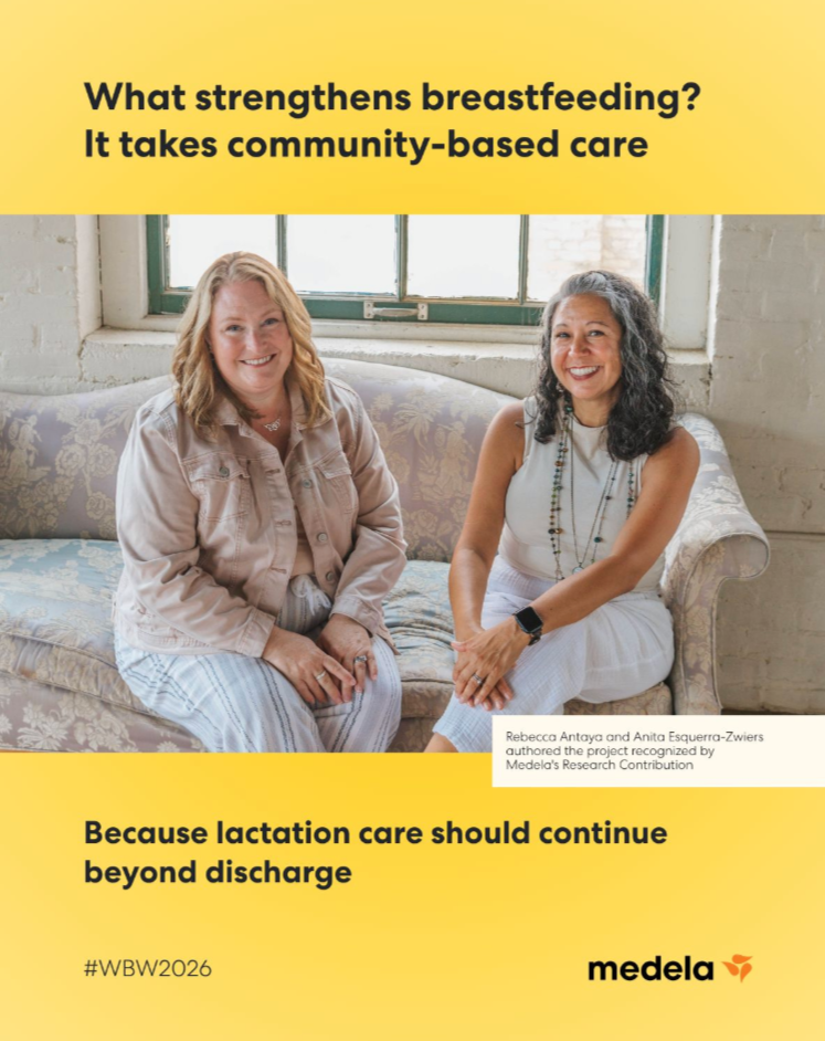 Becky and Anita are seated together smiling on a couch. Text reads: "What strengthens breastfeeding? It takes community care. Because lactation care should continue beyond discharge." The Medela Logo is at the bottom corner.