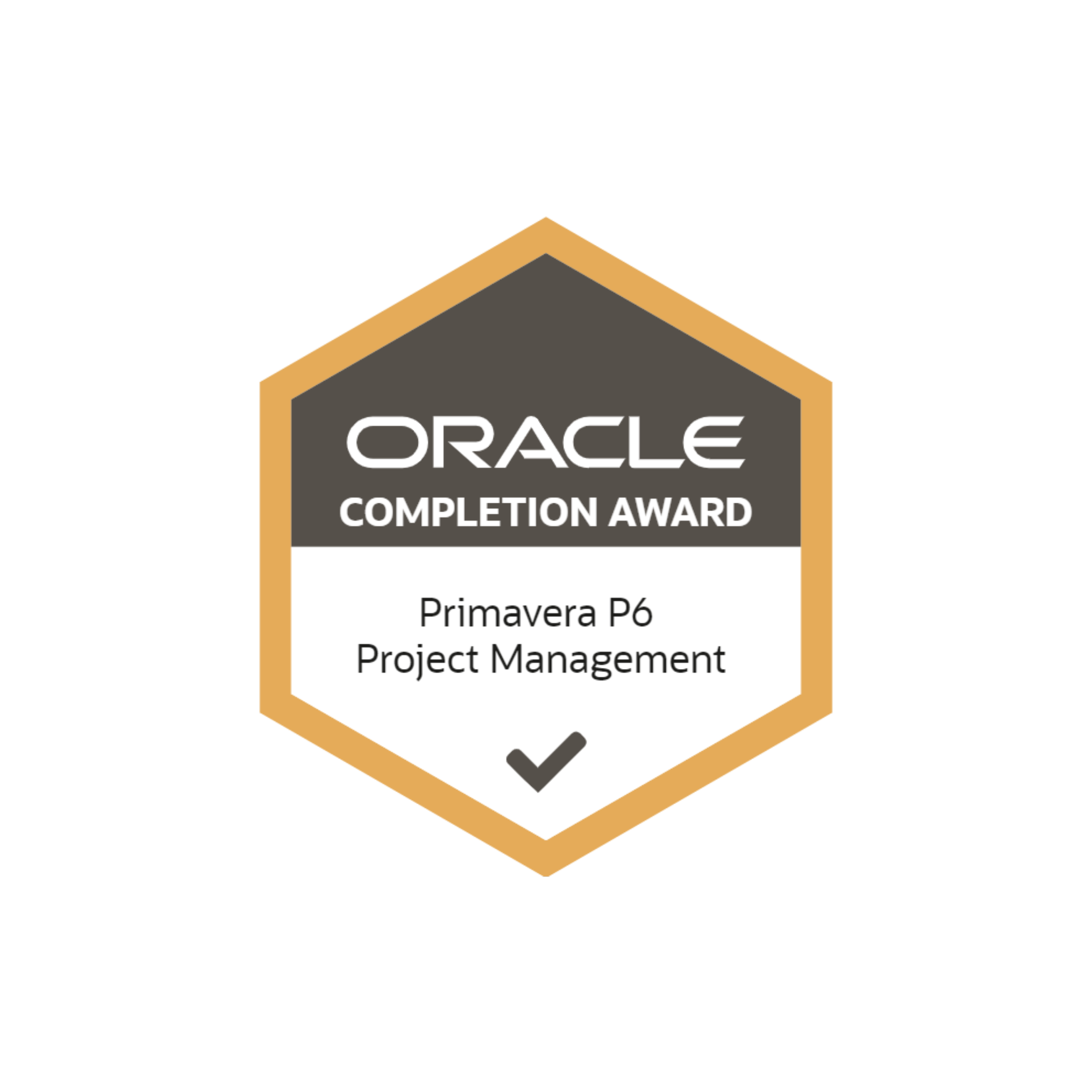 Oracle completion award badge for Primavera P6 Project Management.