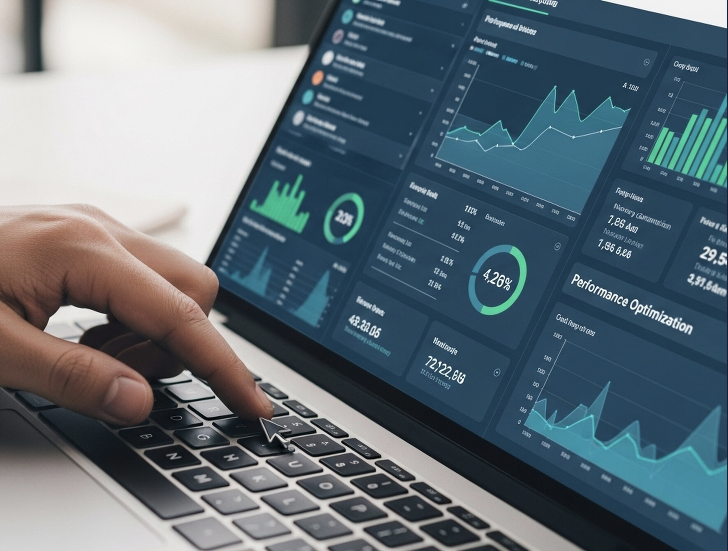 Close-up of a person's hand using a laptop with financial and analytics dashboards displayed on the screen, including graphs, charts, and data points.