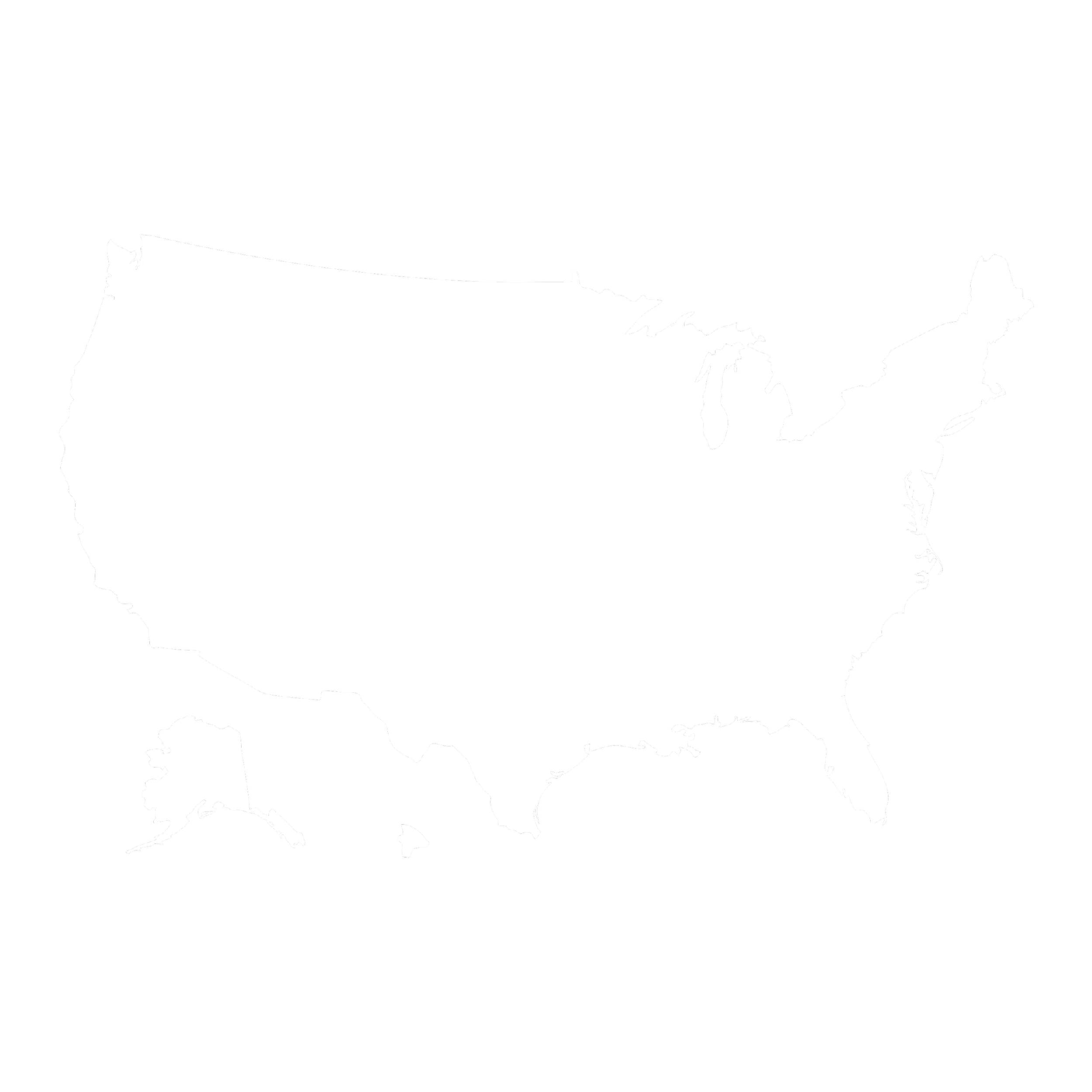 Black and white silhouette of a map of the United States with no additional details.