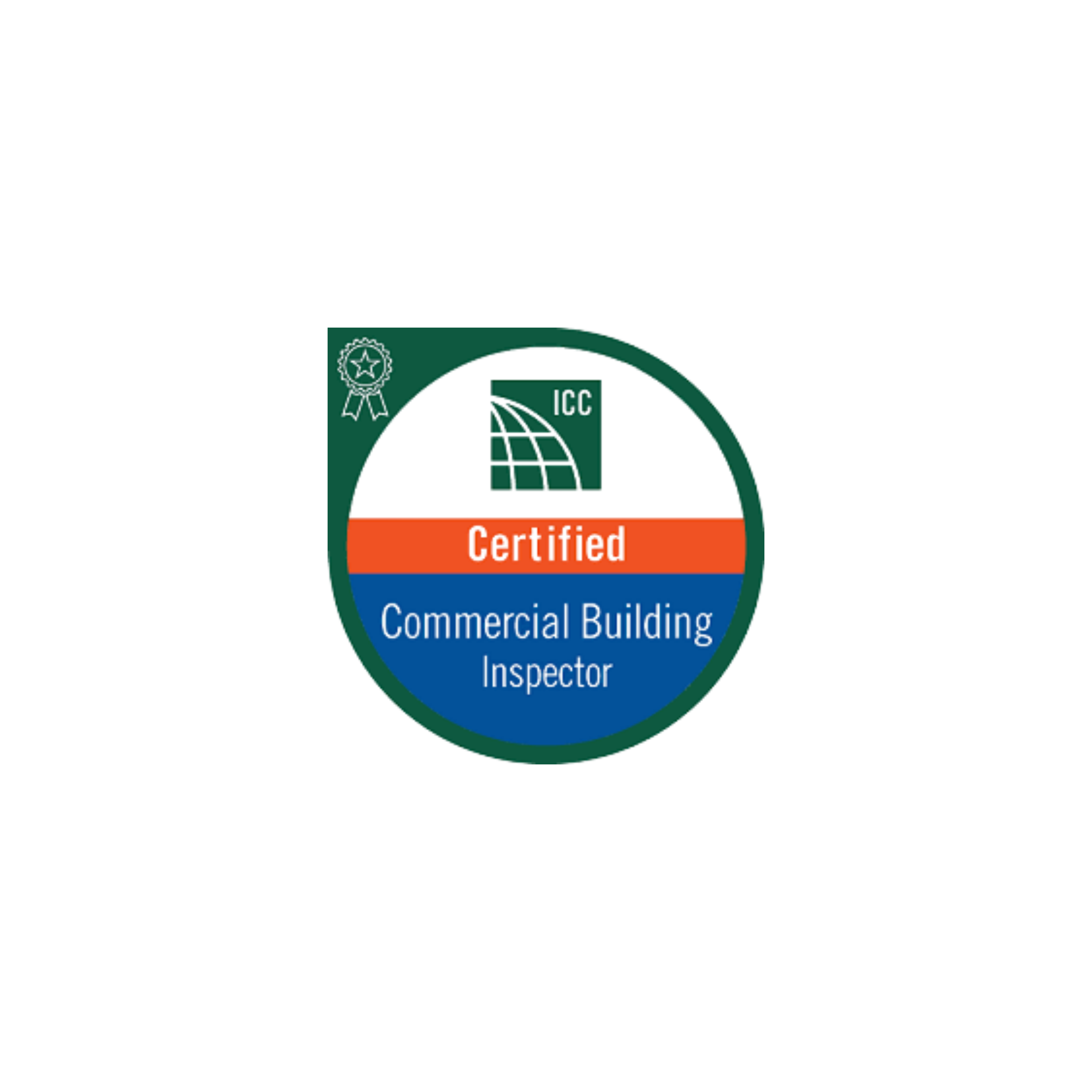 Certification badge for a commercial building inspector, with a green and white color scheme, featuring a globe icon and the words 'Certified Commercial Building Inspector'.