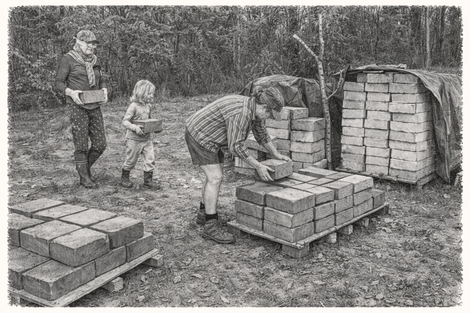 Stack and cure. Prepare materials for building.