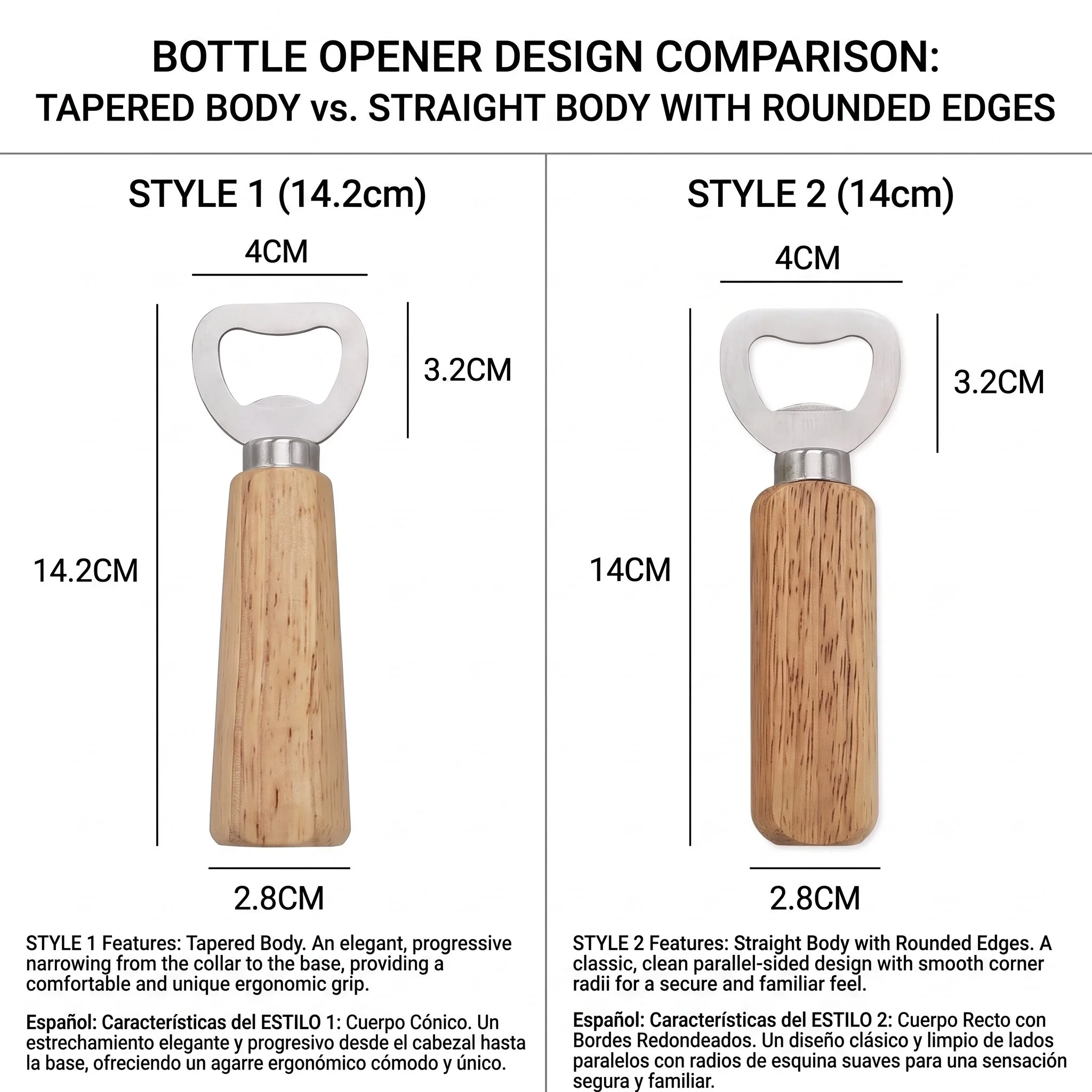 Side-by-side comparison of tapered and straight wood handle bottle opener styles