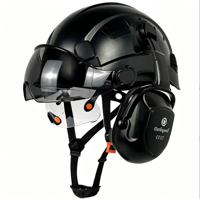 black coloured safety helmets with earmuffs and visors in a row