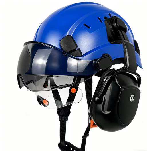 blue coloured safety helmets with earmuffs and visors in a row