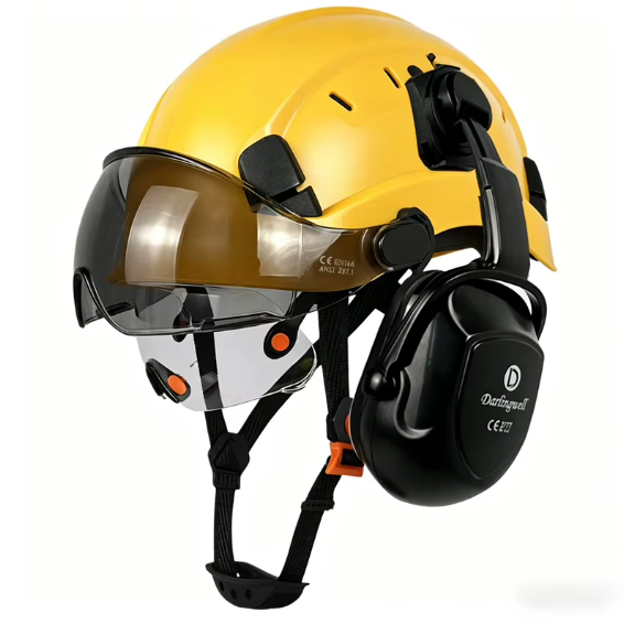 yellow coloured safety helmets with earmuffs and visors in a row