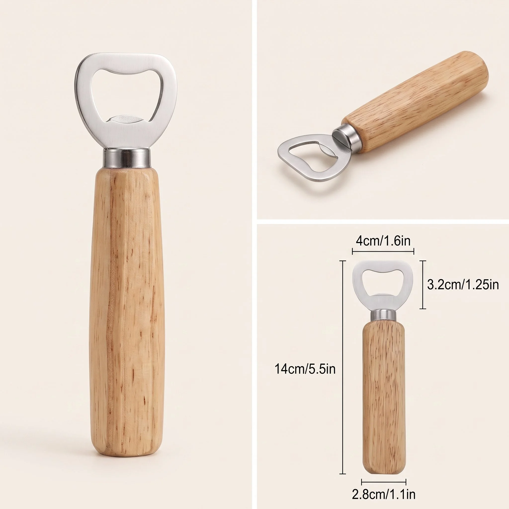 Wood handle bottle opener with logo layouts and a hand opening a bottle cap