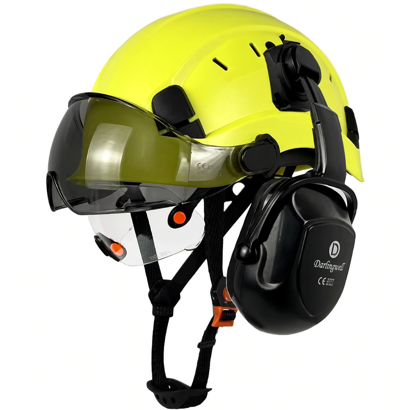 line green coloured safety helmets with earmuffs and visors in a row