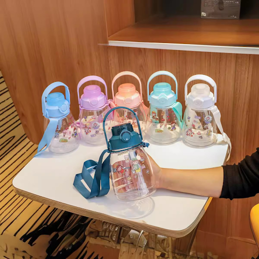 Kids Plastic Water Bottle with Lock Lid and Strap