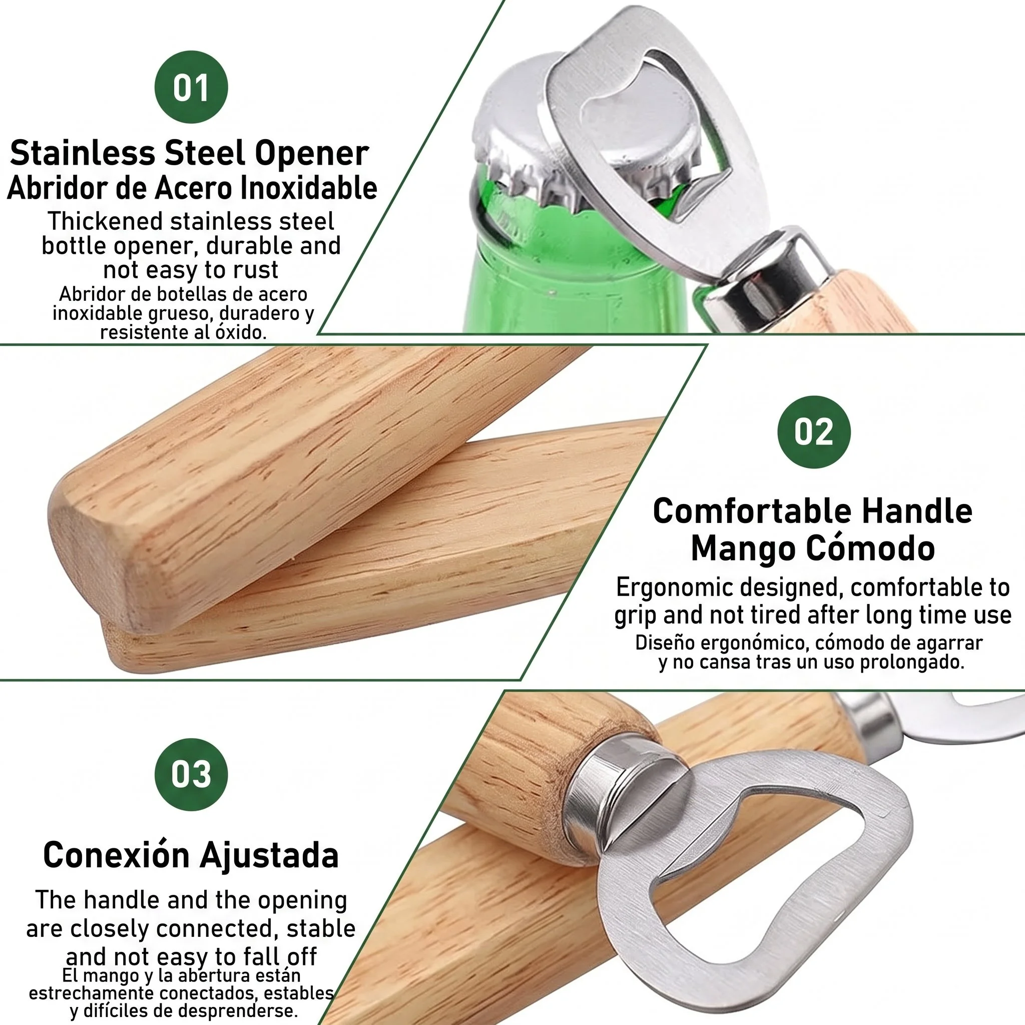 Close views of the stainless steel cap lifter, wood handle grain, and metal collar