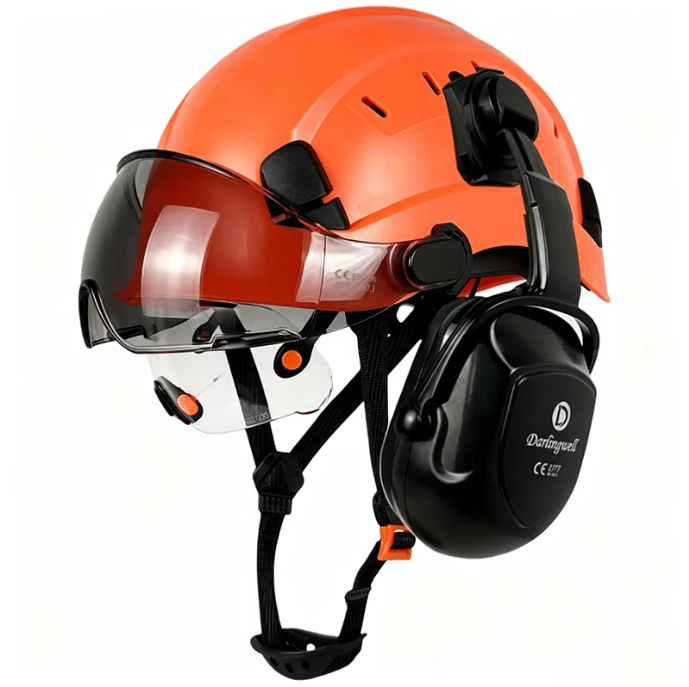 orange  coloured safety helmets with earmuffs and visors in a row