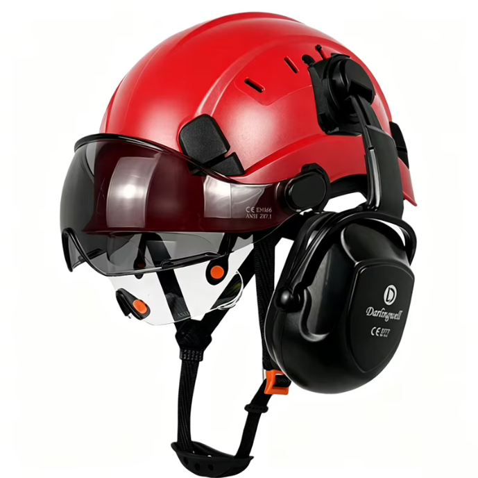 red coloured safety helmets with earmuffs and visors in a row